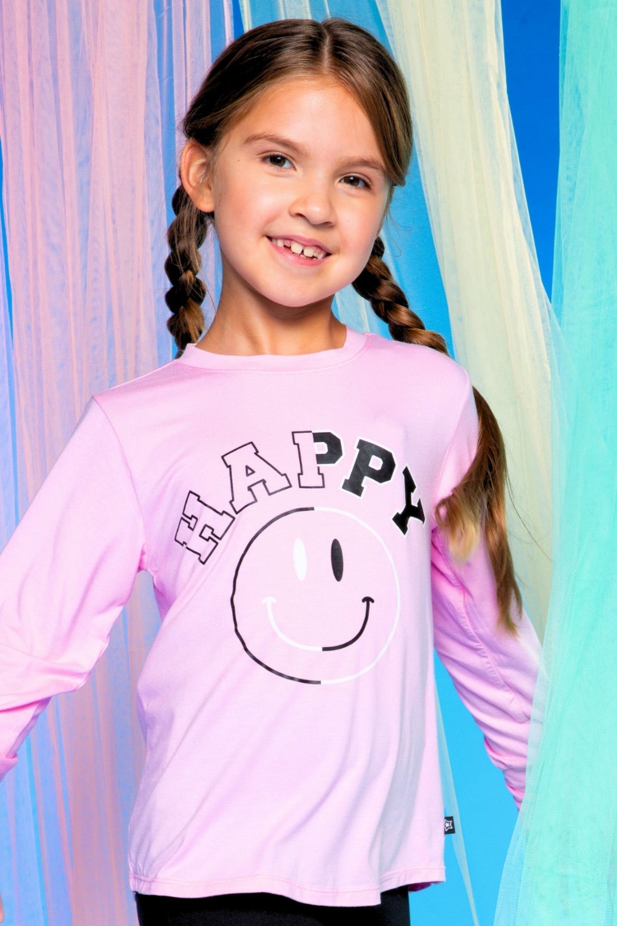 Modal Long Sleeve Shirttail Top - Black Rainbow Peace Love