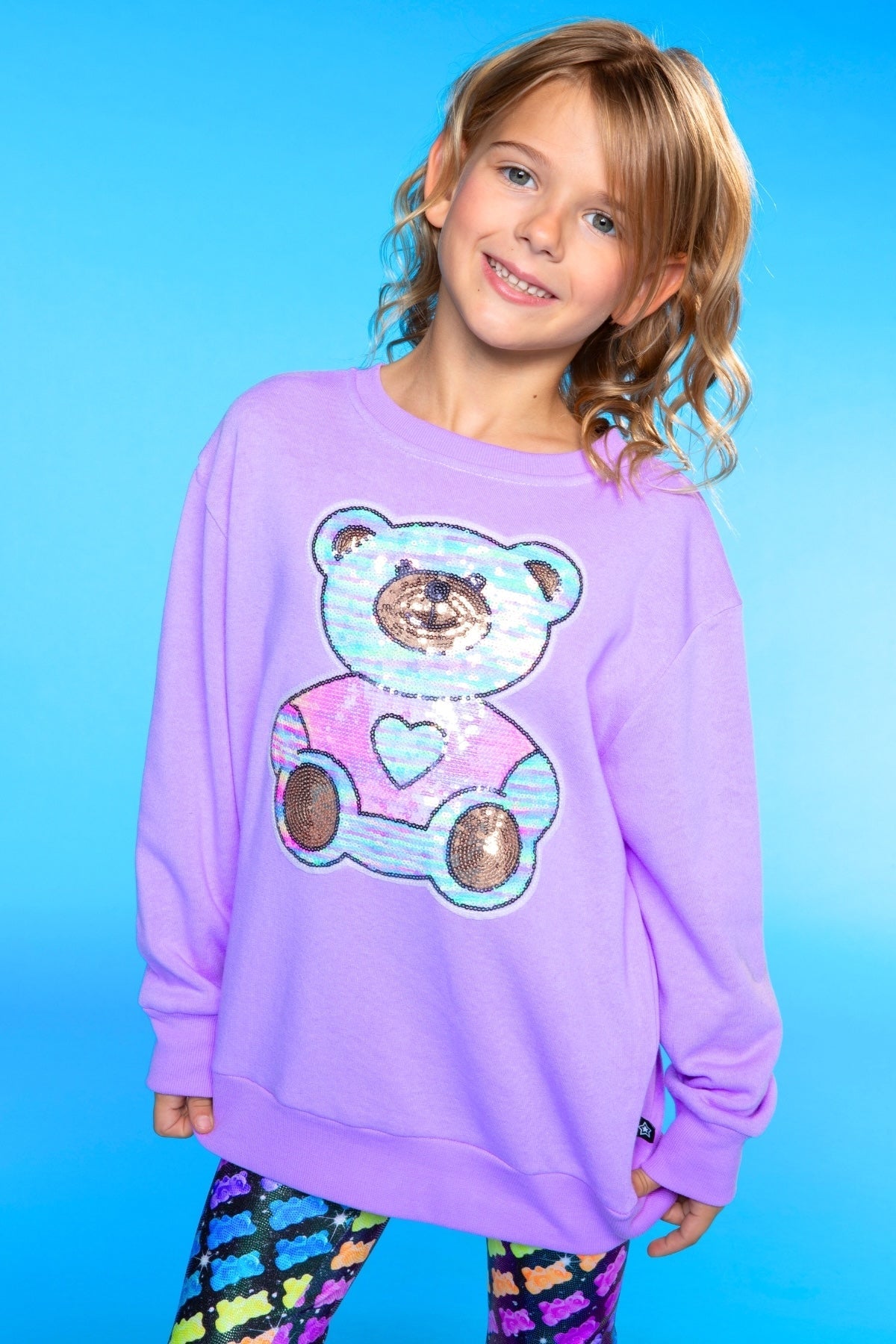 Cotton Soft French Terry Oversized Sweatshirt - Neon Violet Sequin Bear