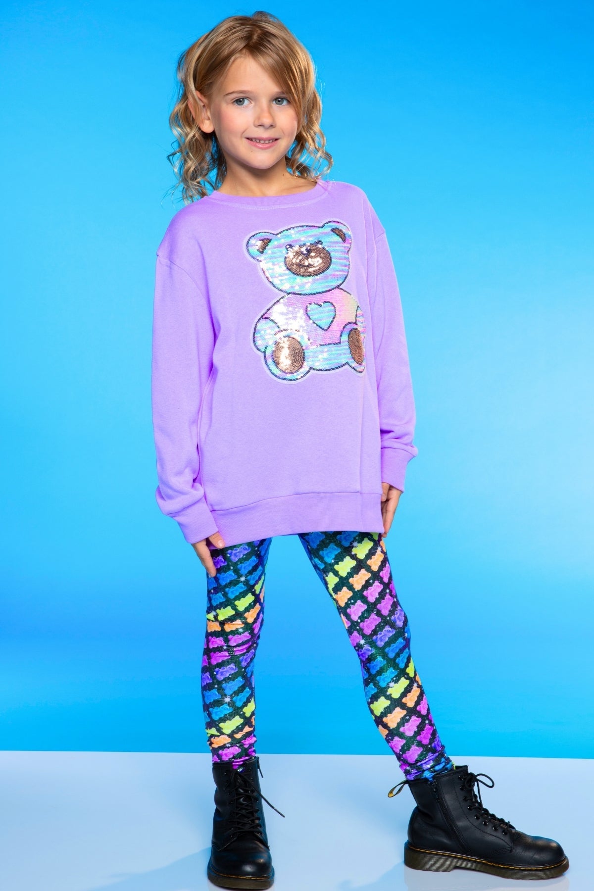 Cotton Soft French Terry Oversized Sweatshirt - Neon Violet Sequin Bear
