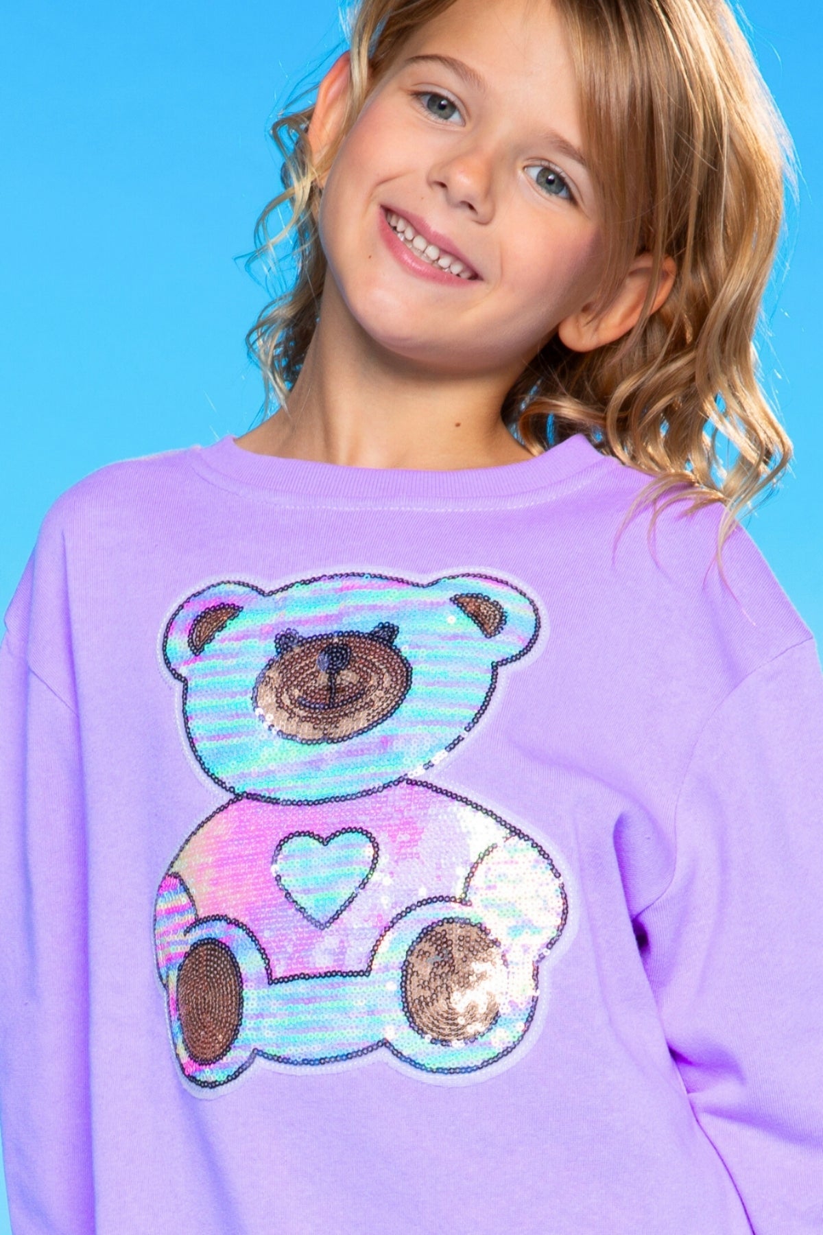 Cotton Soft French Terry Oversized Sweatshirt - Neon Violet Sequin Bear