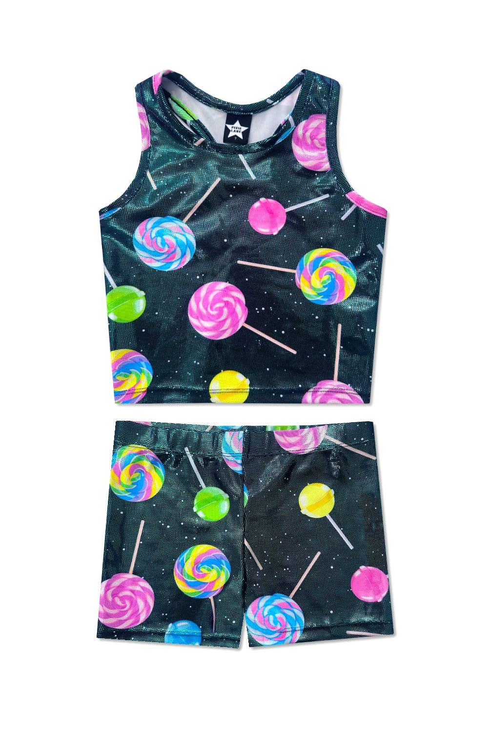 High Shine Cropped Racerback Tank & Tumble Short - Black Lollipops