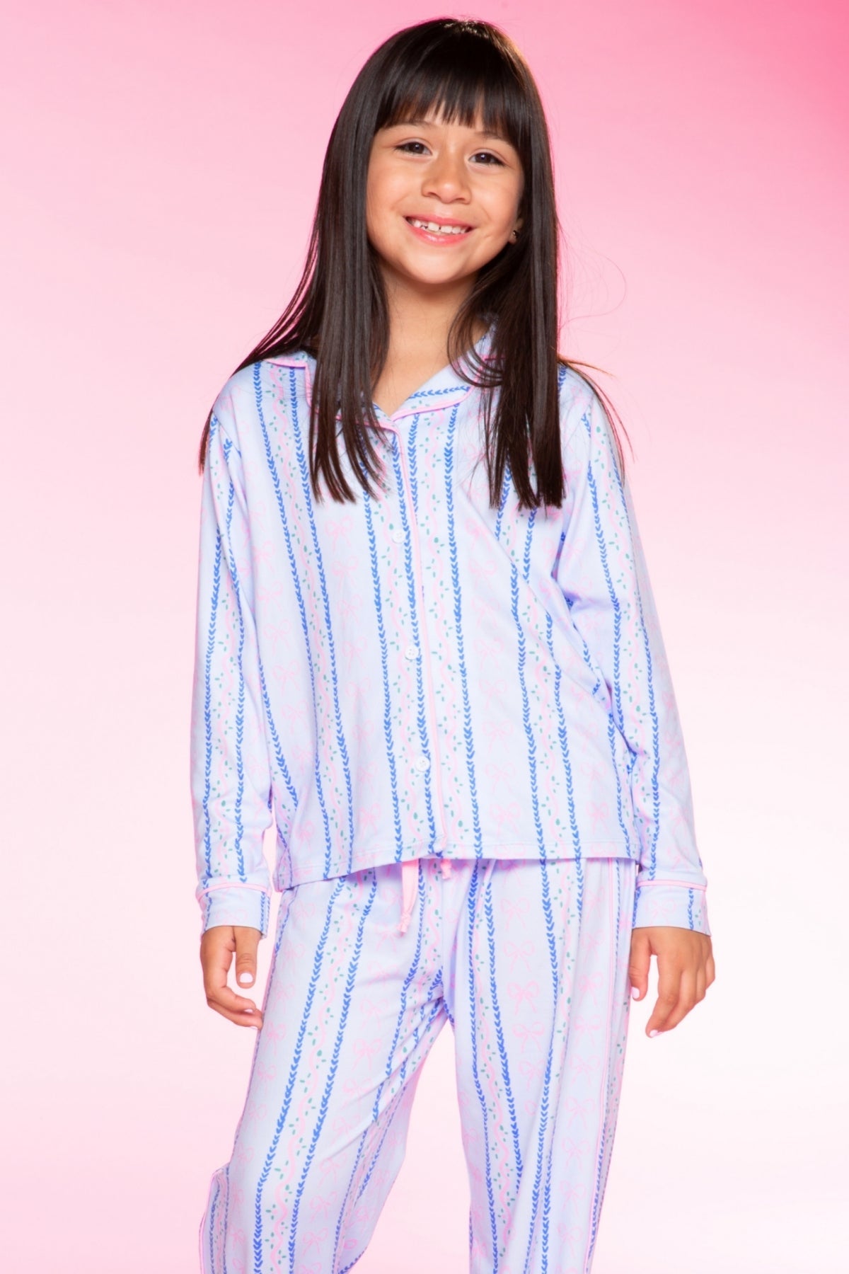 Long Sleeve Simply Soft Button Down Top & Karate Pant - Lt Blue Pink Bows