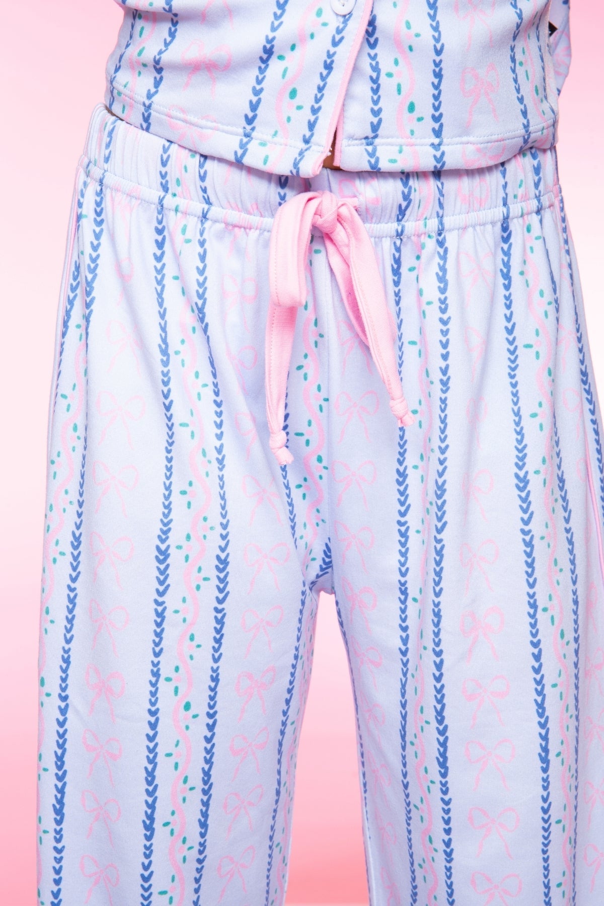 Long Sleeve Simply Soft Button Down Top & Karate Pant - Lt Blue Pink Bows