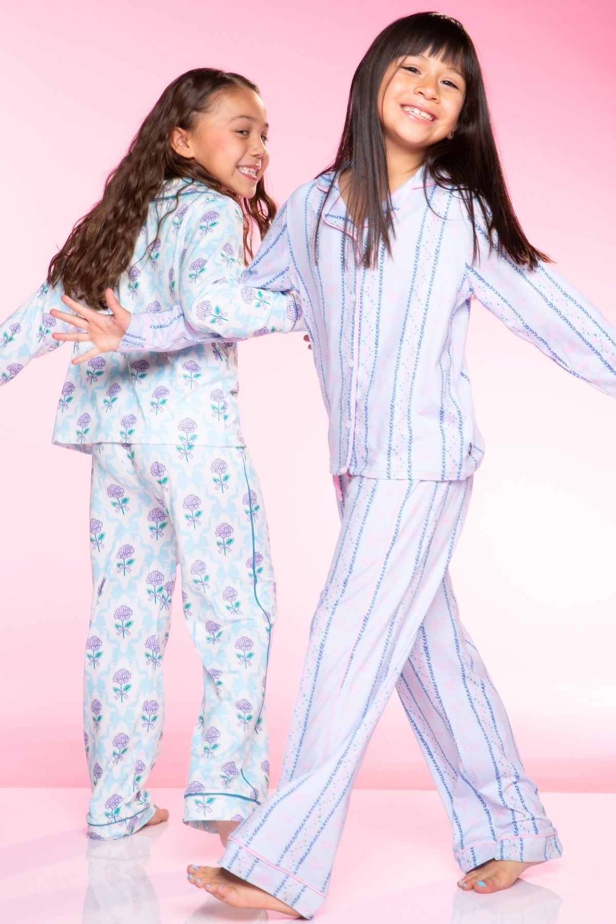 Long Sleeve Simply Soft Button Down Top & Karate Pant - Lt Blue Pink Bows