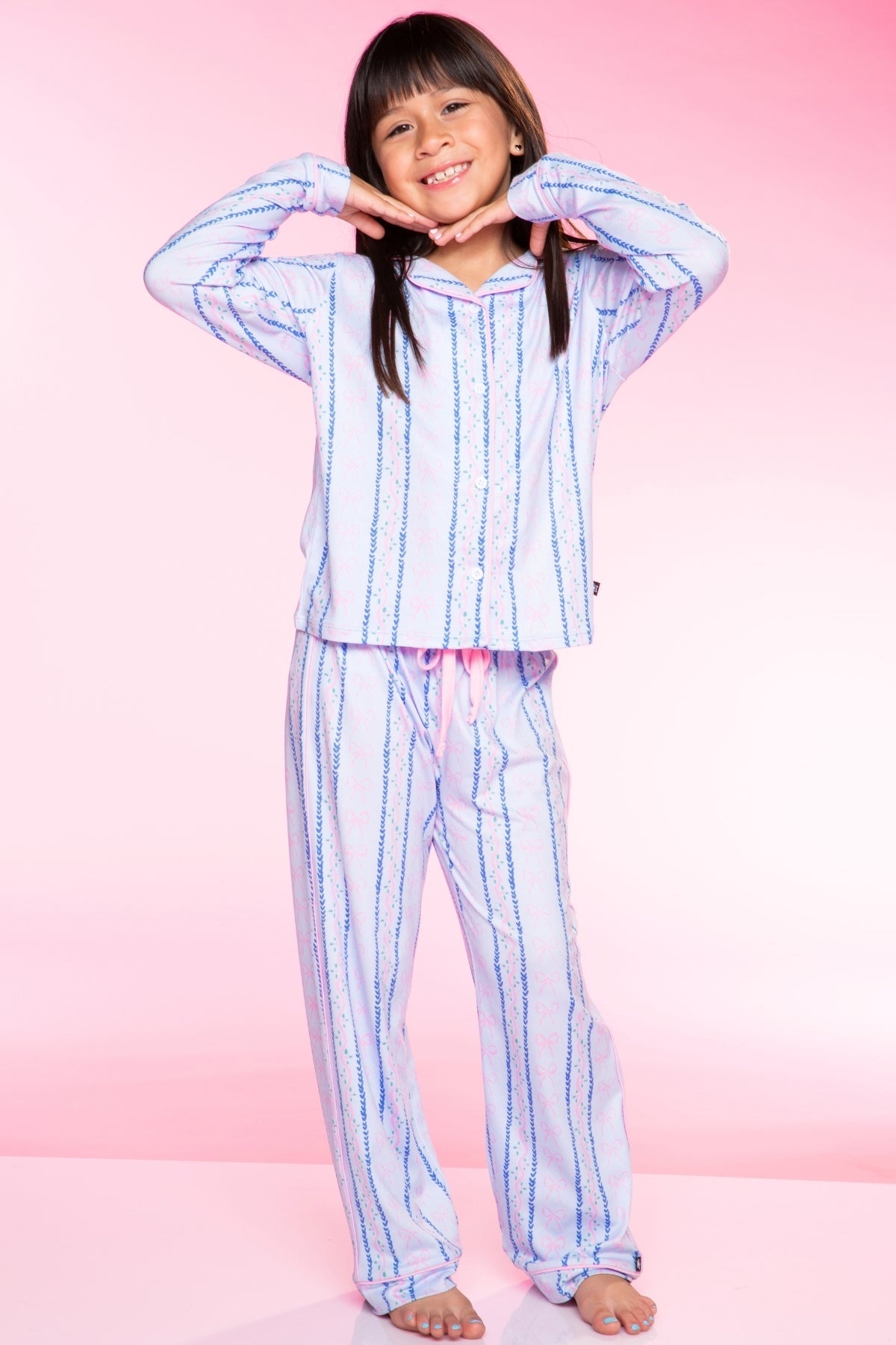 Long Sleeve Simply Soft Button Down Top & Karate Pant - Lt Blue Pink Bows