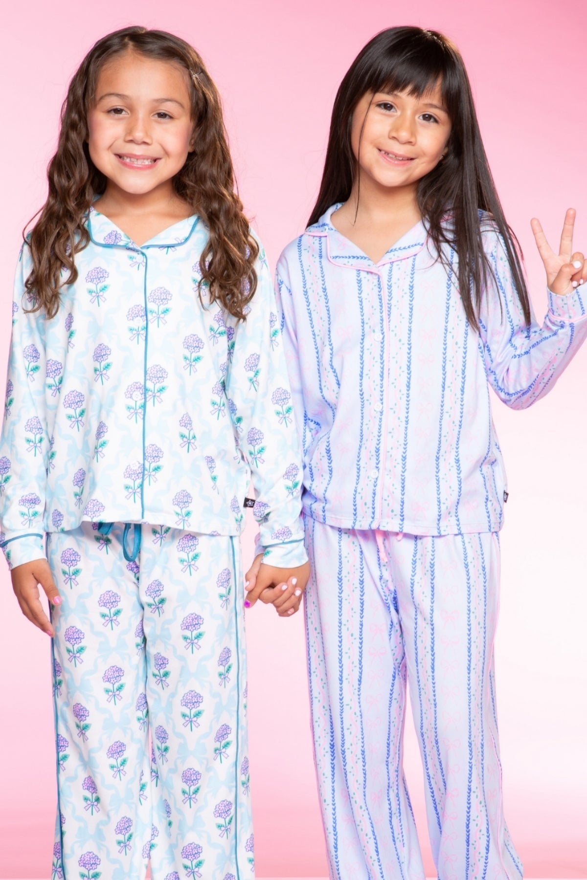 Long Sleeve Simply Soft Button Down Top & Karate Pant - Lt Blue Pink Bows