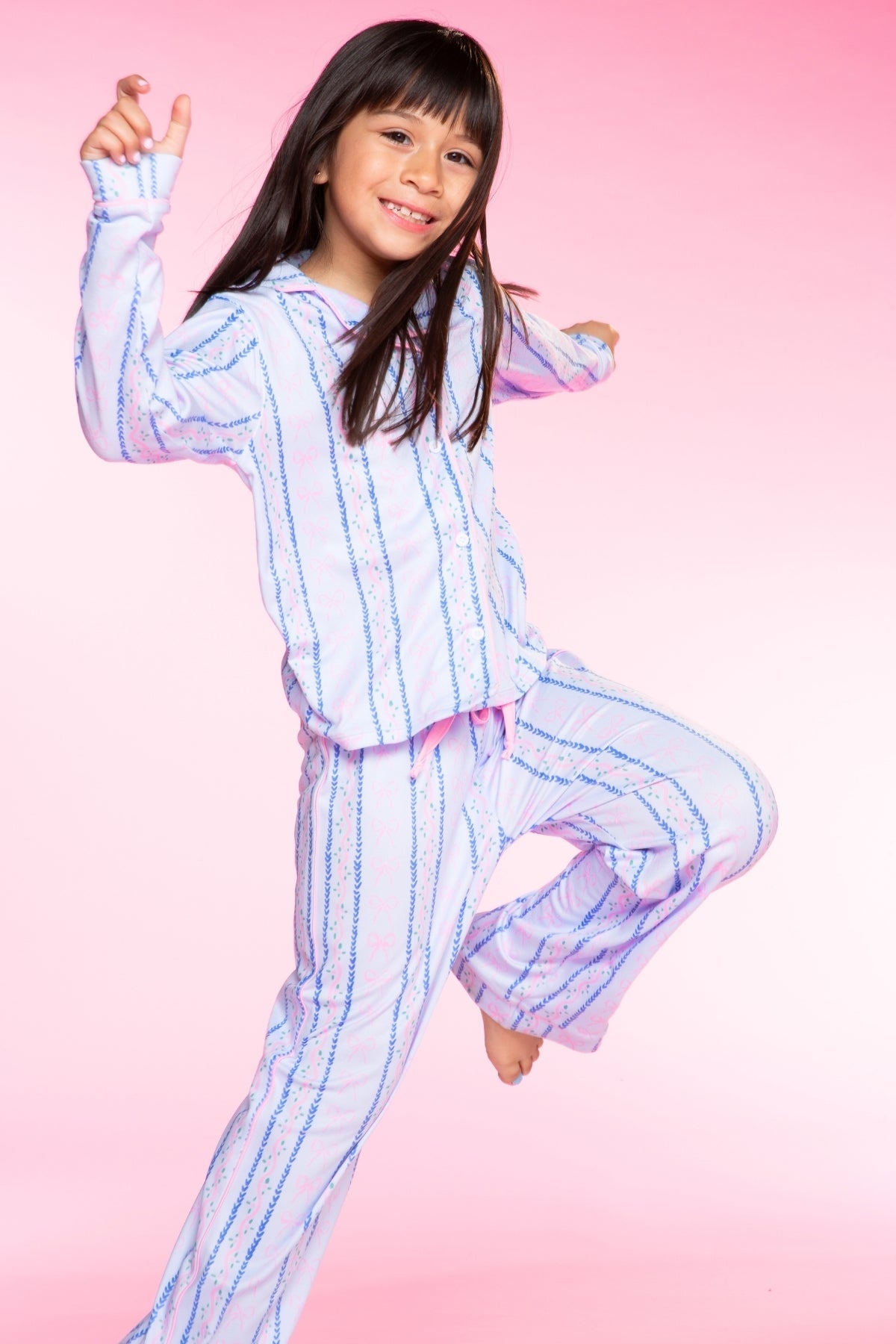 Long Sleeve Simply Soft Button Down Top & Karate Pant - Lt Blue Pink Bows