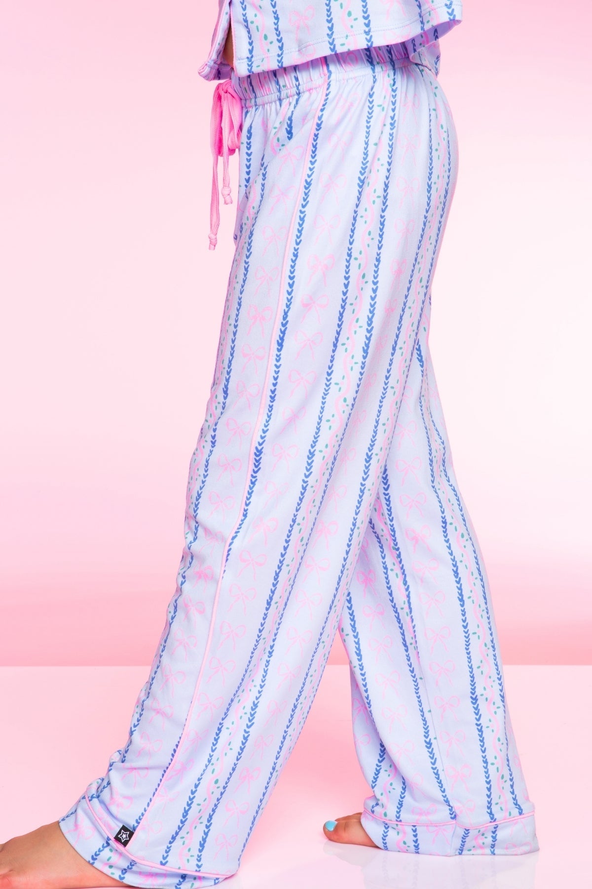 Long Sleeve Simply Soft Button Down Top & Karate Pant - Lt Blue Pink Bows