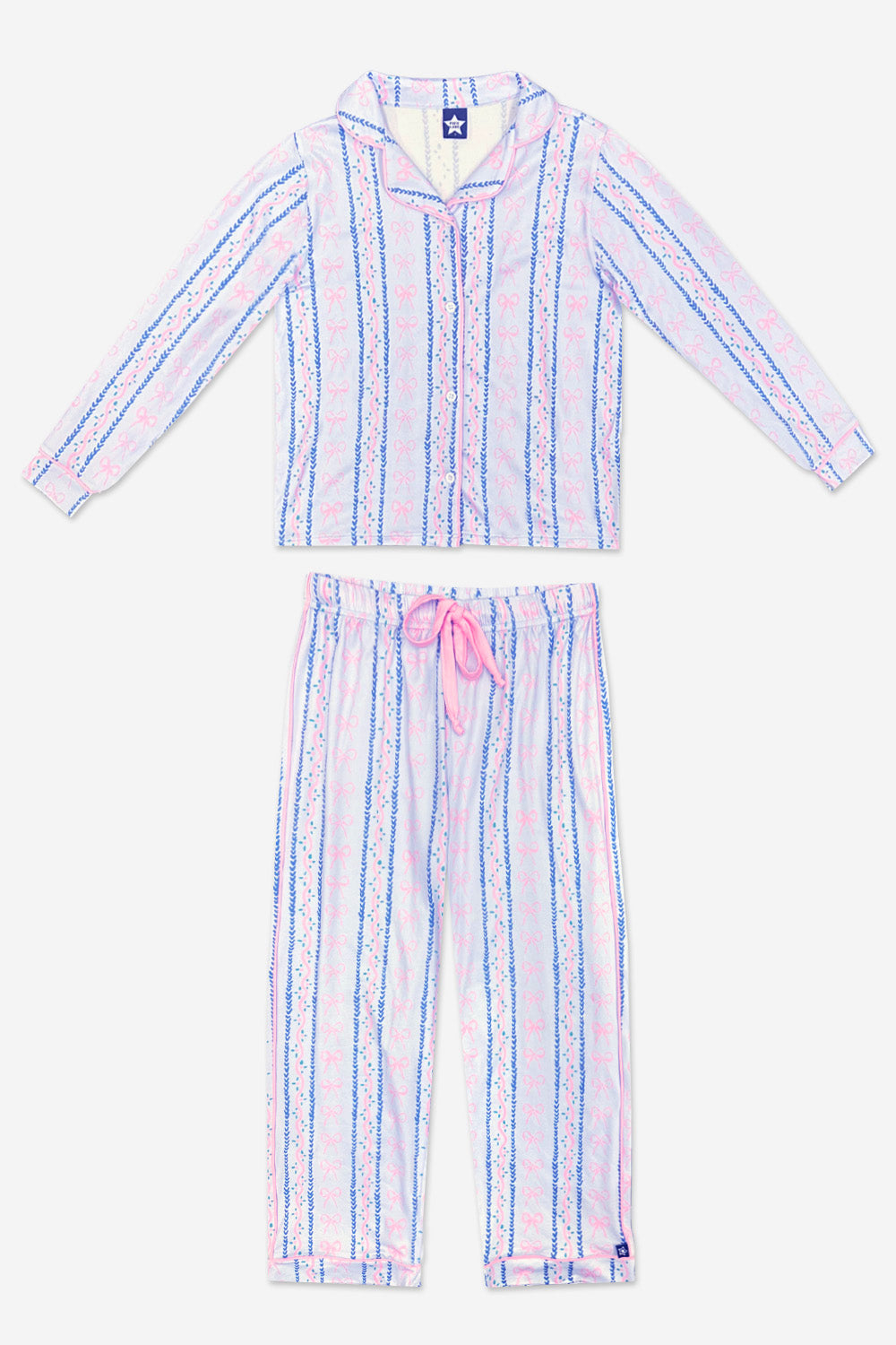 Long Sleeve Simply Soft Button Down Top & Karate Pant - Lt Blue Pink Bows