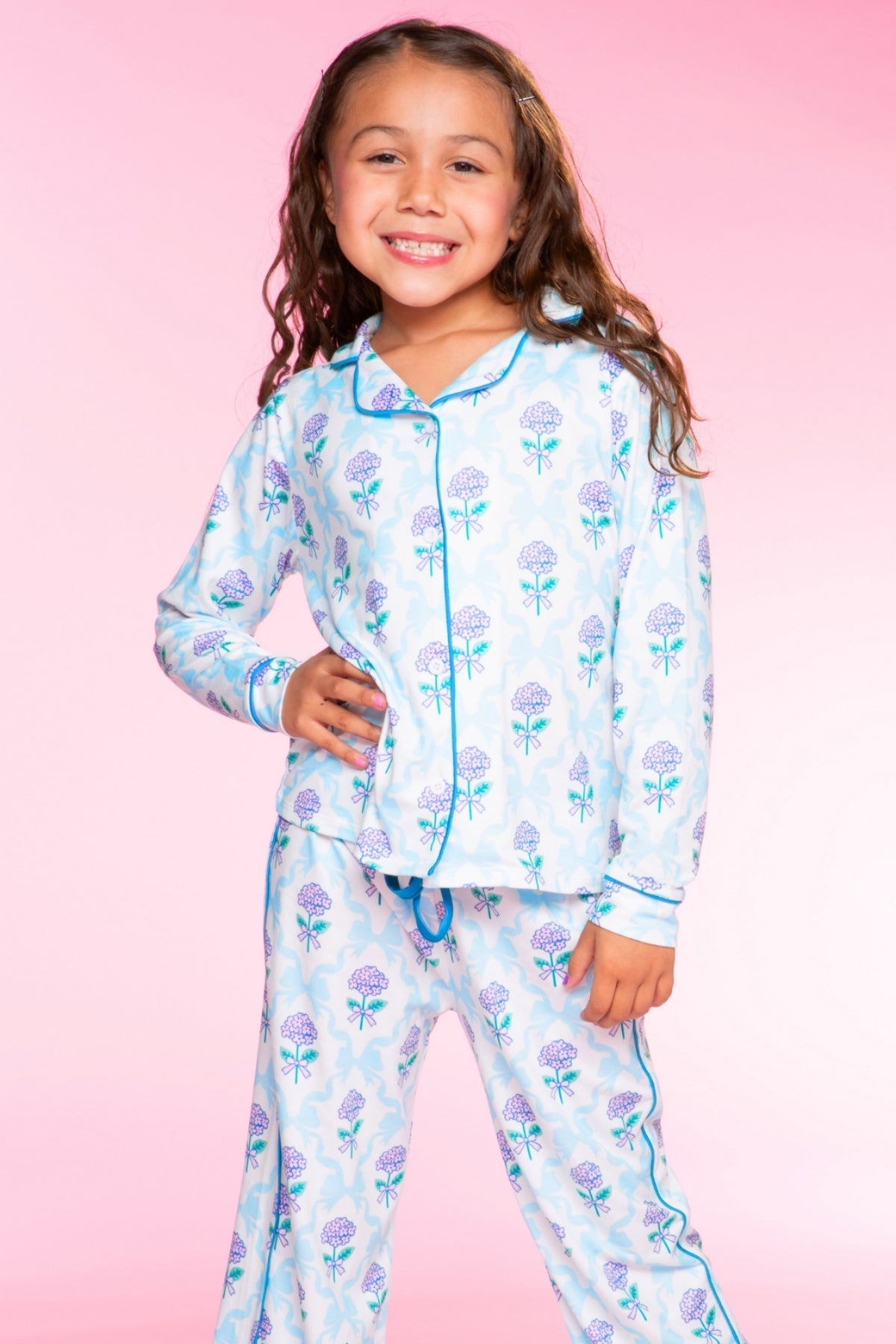 Long Sleeve Simply Soft Button Down Top & Karate Pant - Lt Blue Pink Bows
