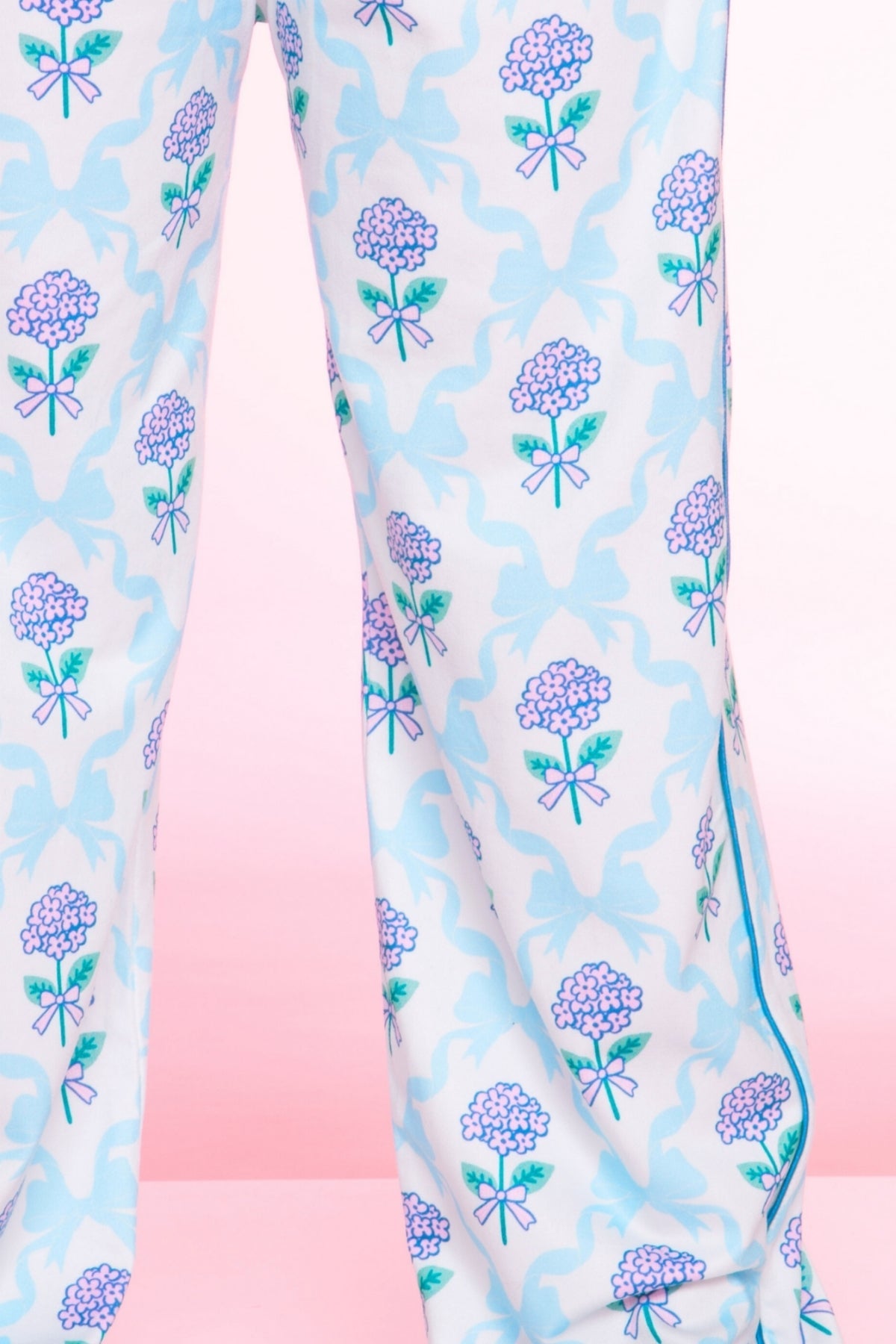 Long Sleeve Simply Soft Button Down Top & Karate Pant - Lt Blue Pink Bows