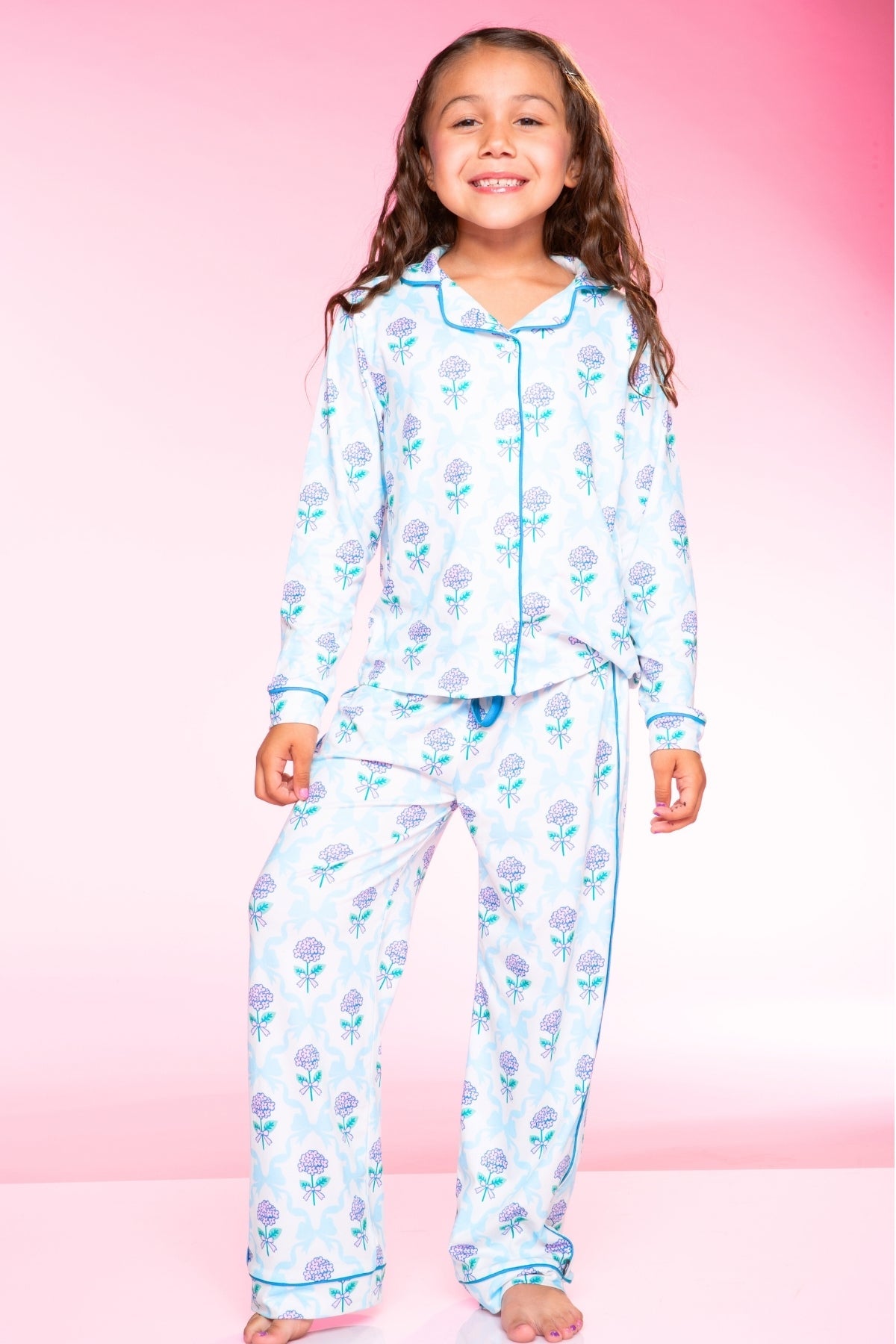 Long Sleeve Simply Soft Button Down Top & Karate Pant - Lt Blue Pink Bows
