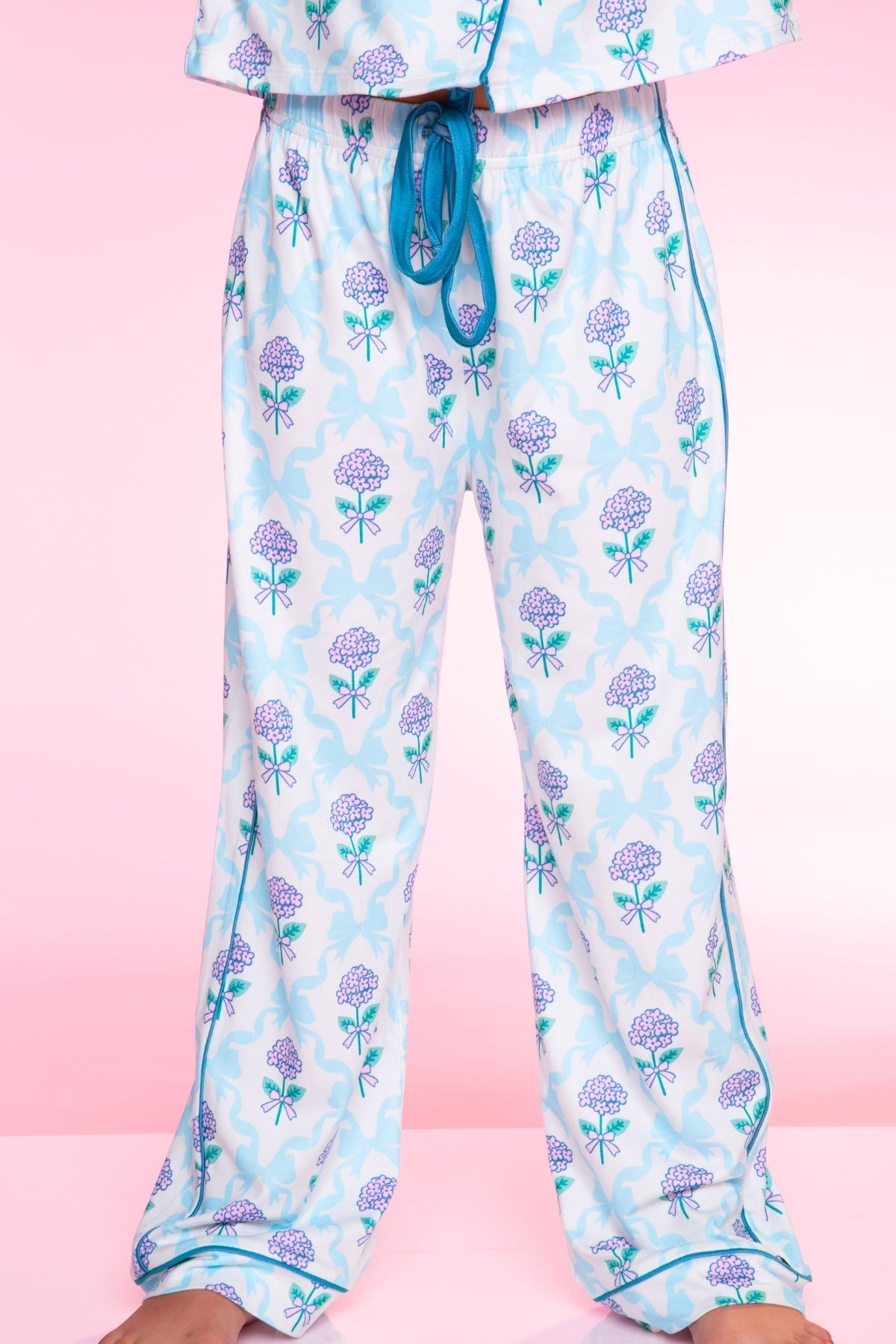 Long Sleeve Simply Soft Button Down Top & Karate Pant - Lt Blue Pink Bows