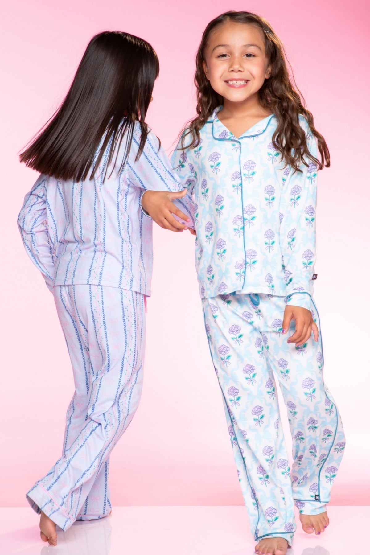 Long Sleeve Simply Soft Button Down Top & Karate Pant - Lt Blue Pink Bows