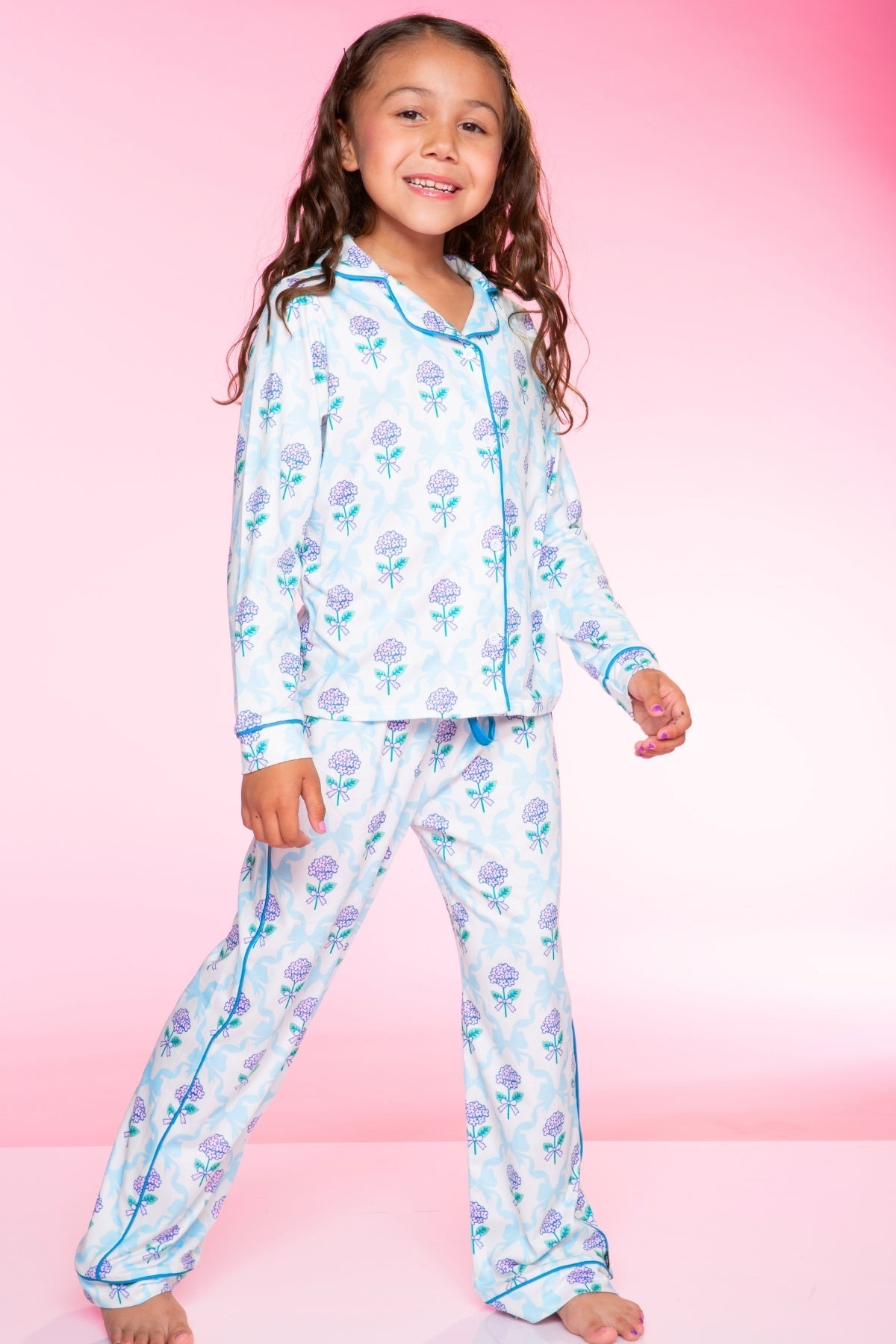 Long Sleeve Simply Soft Button Down Top & Karate Pant - Lt Blue Pink Bows