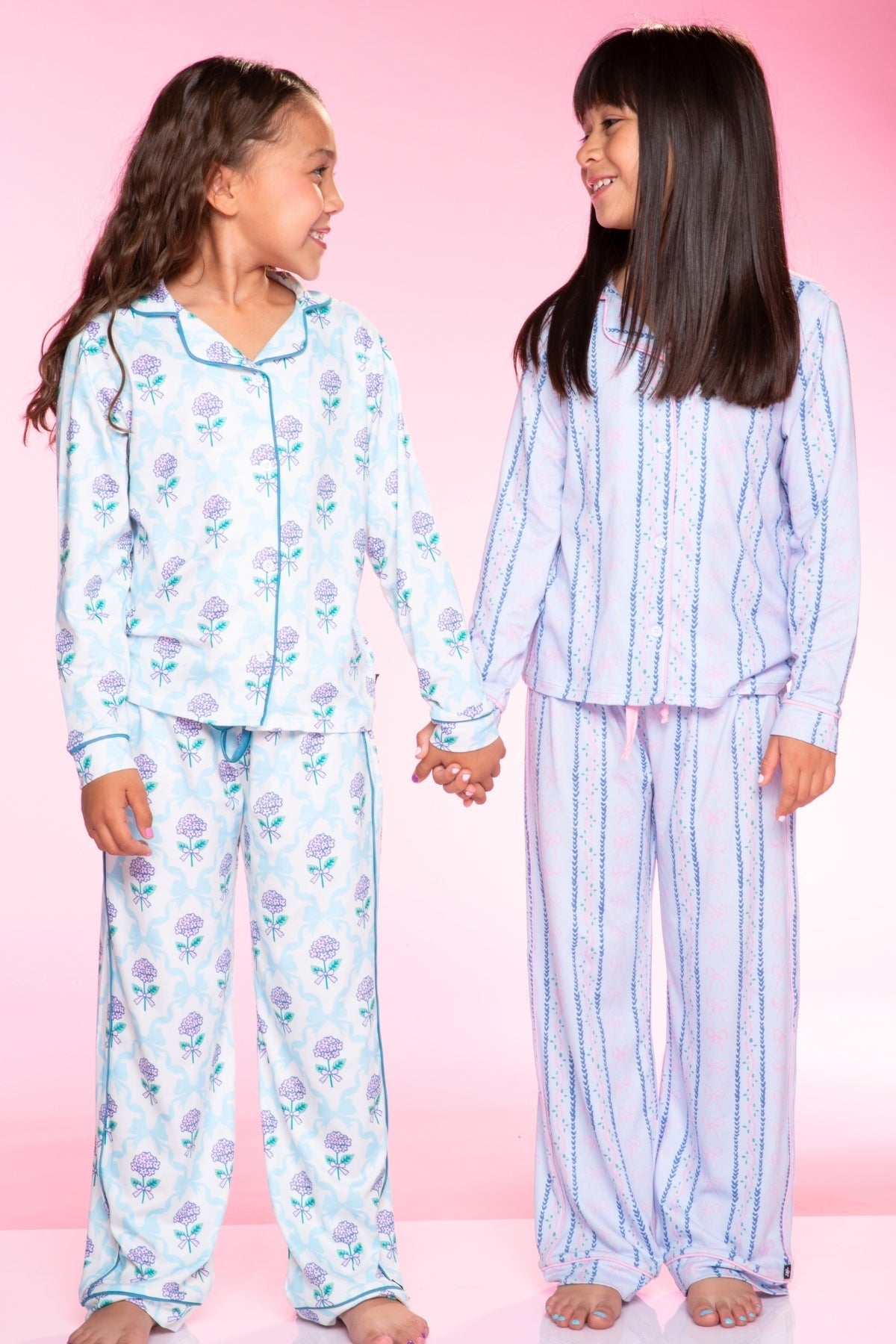 Long Sleeve Simply Soft Button Down Top & Karate Pant - Lt Blue Pink Bows