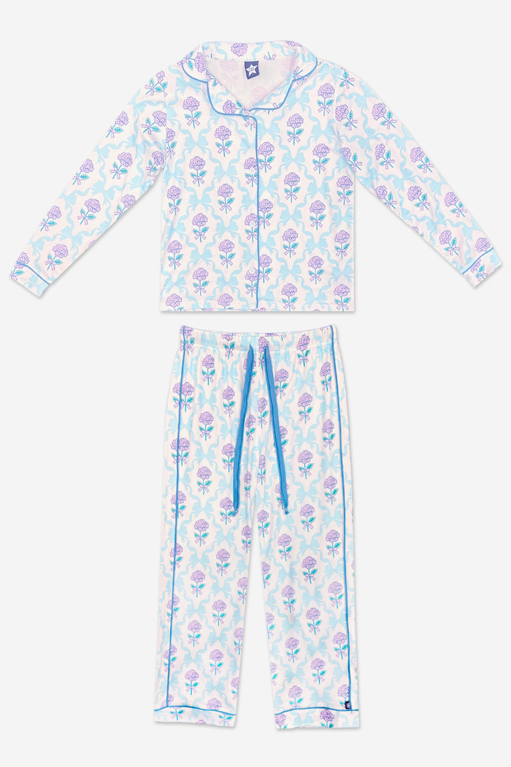 Long Sleeve Simply Soft Button Down Top & Karate Pant - Lt Blue Pink Bows