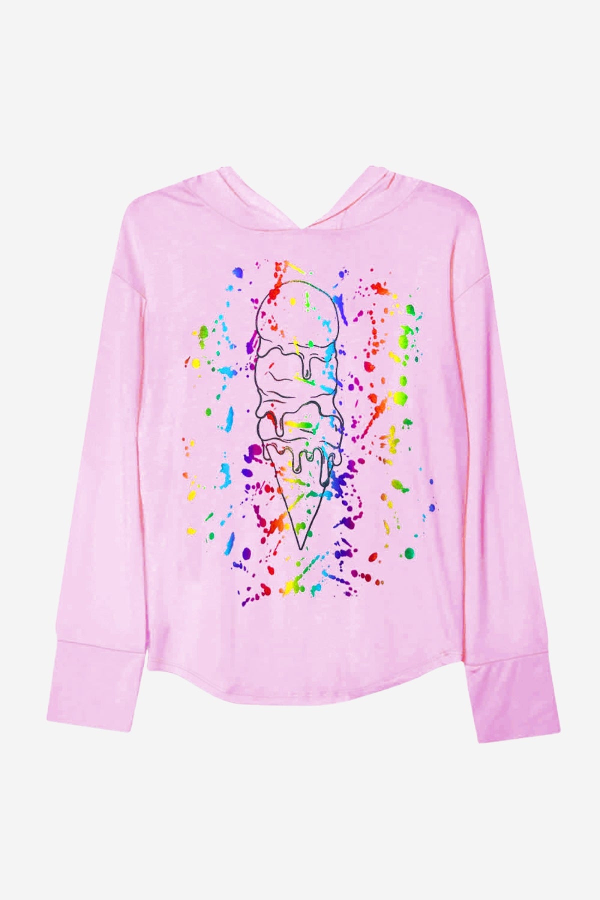 Modal Knit Hoodie Pullover W/Thumbholes - Pink Ice Cream Splatter