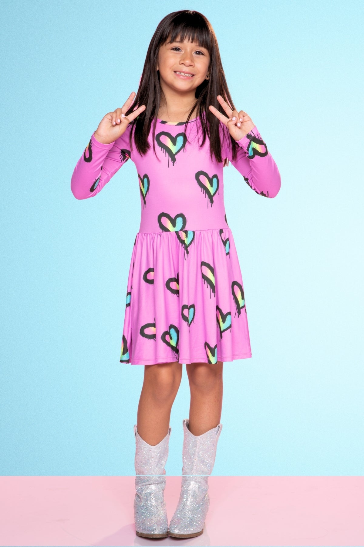 Simply Soft Long Sleeve Be Happy Dress - Pink Rainbow Heart