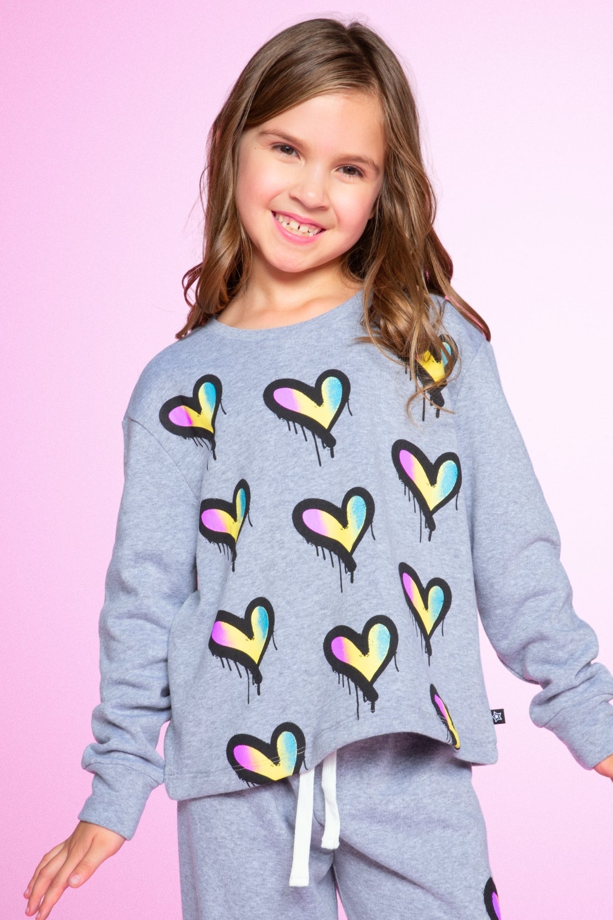 Cotton Soft French Terry Easy Crew Sweatshirt - Heather Grey Rainbow Heart