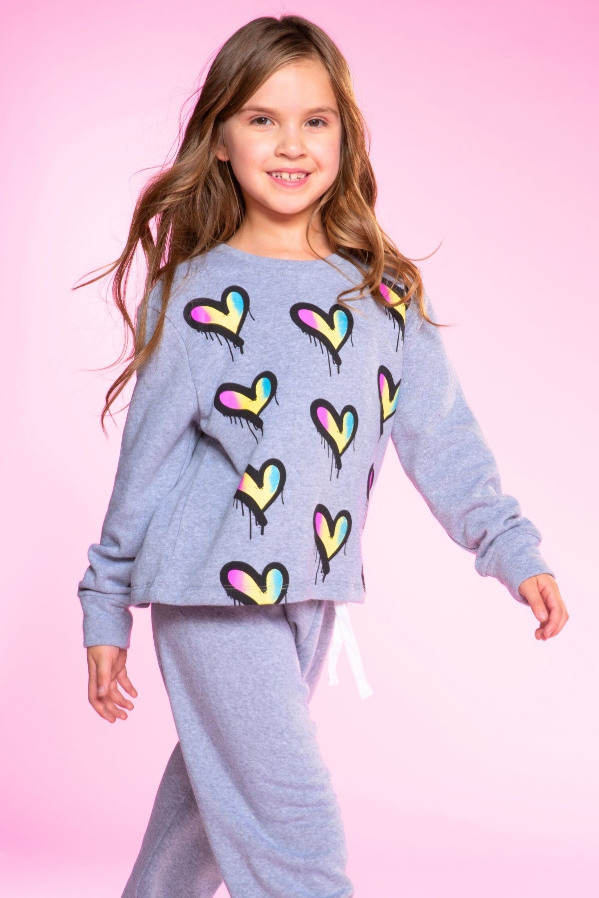 Cotton Soft French Terry Easy Crew Sweatshirt - Heather Grey Rainbow Heart