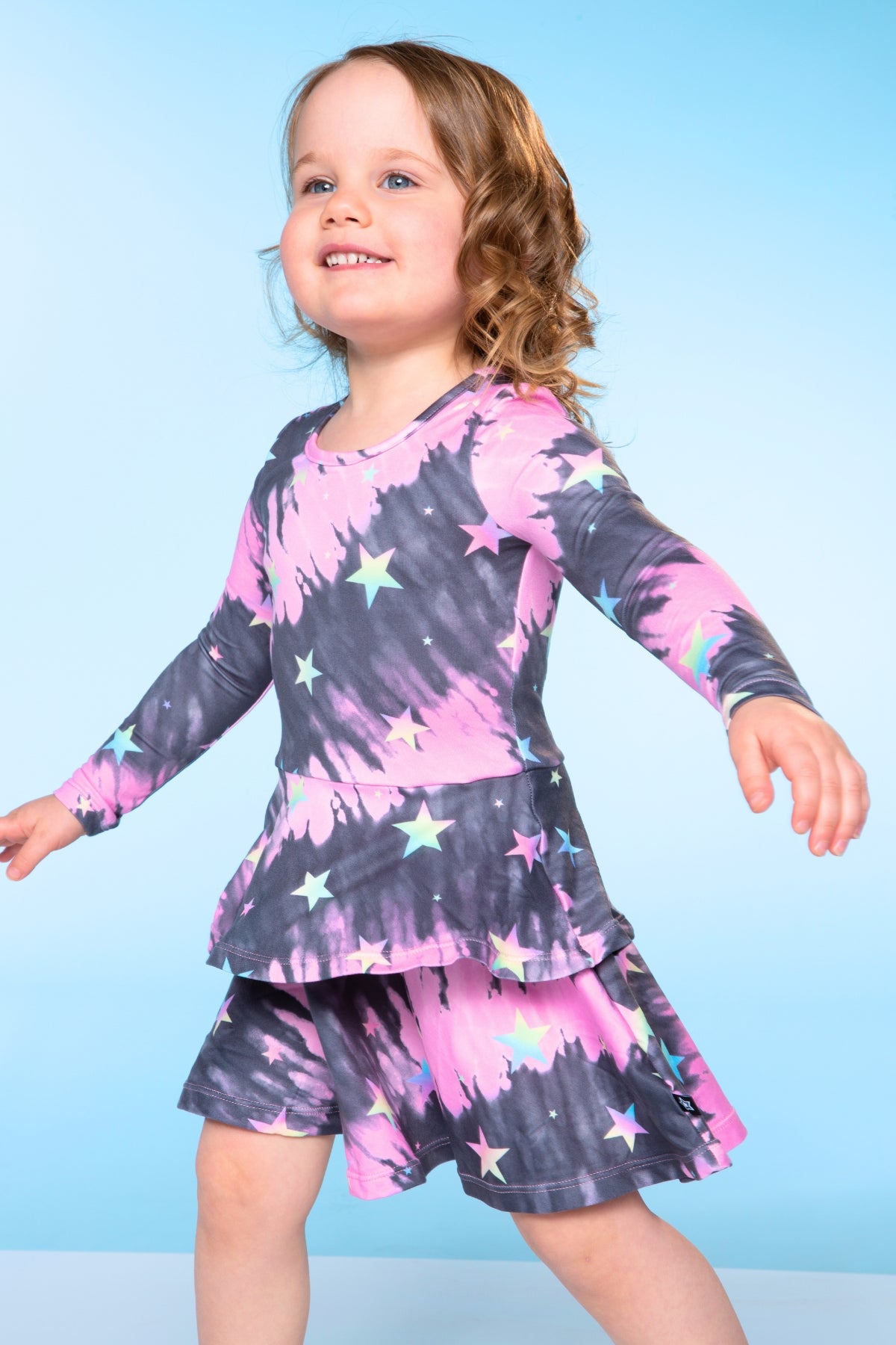 Simply Soft Long Sleeve Ruffle Skirt Dress - Pink Grey Tie Dye Stars