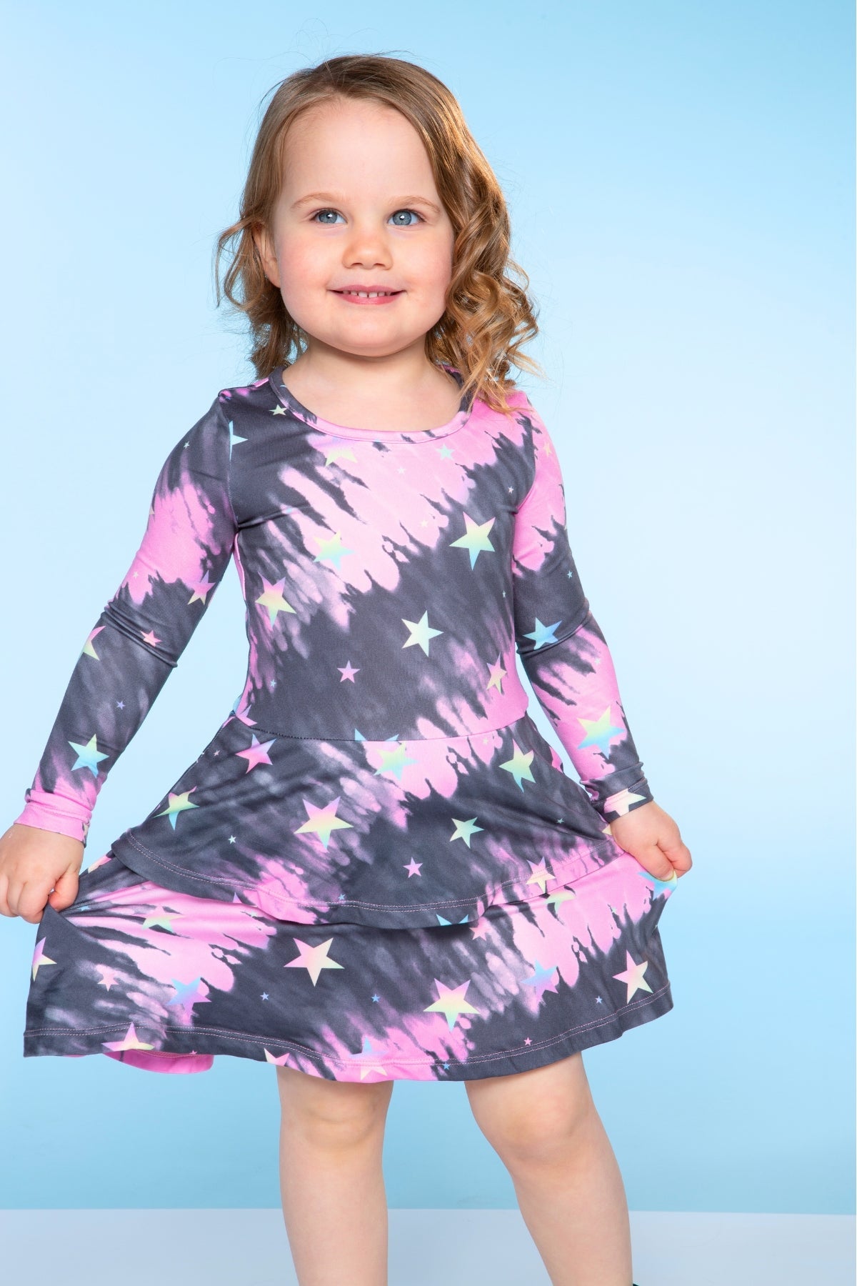 Simply Soft Long Sleeve Ruffle Skirt Dress - Pink Grey Tie Dye Stars