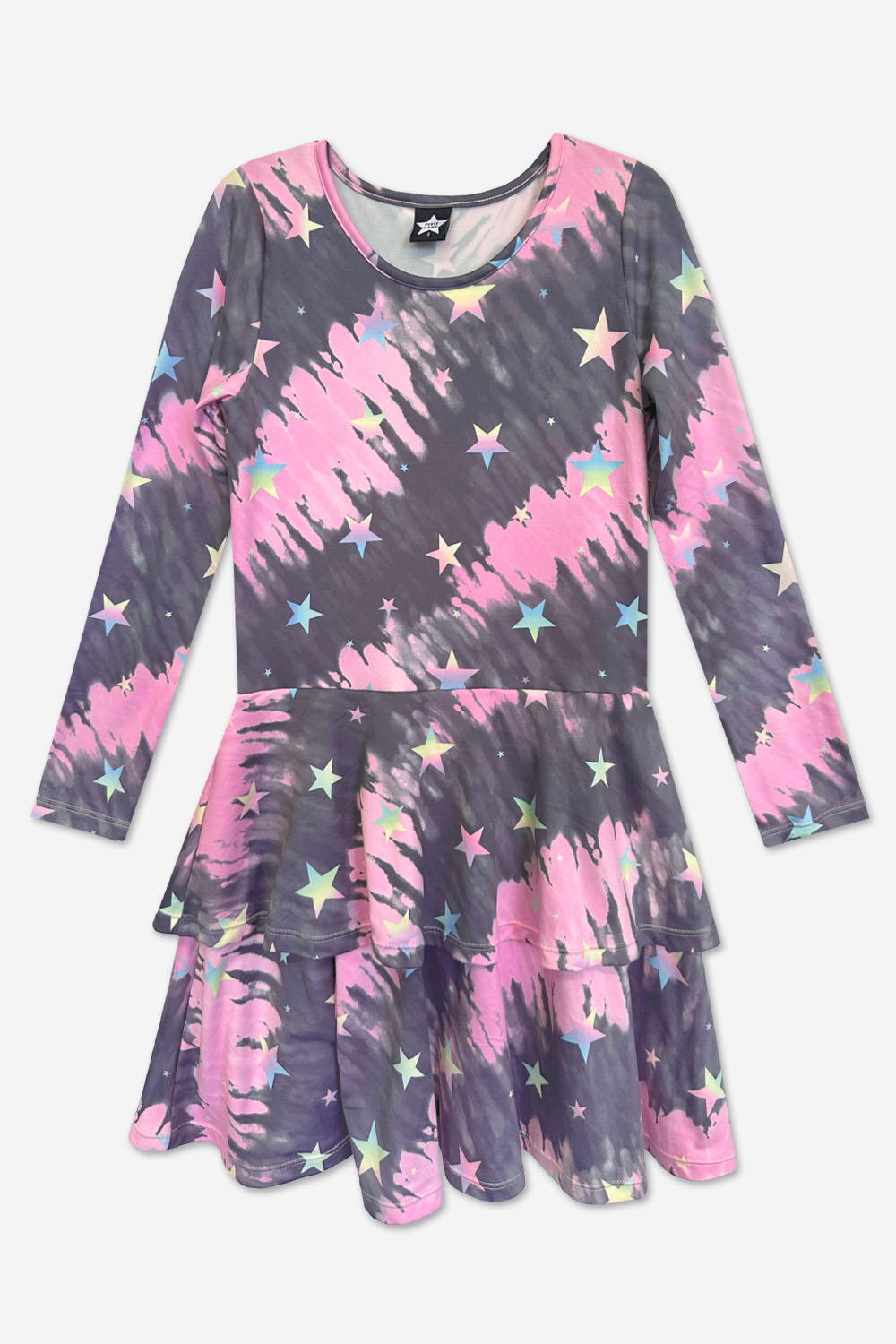 Simply Soft Long Sleeve Ruffle Skirt Dress - Pink Grey Tie Dye Stars