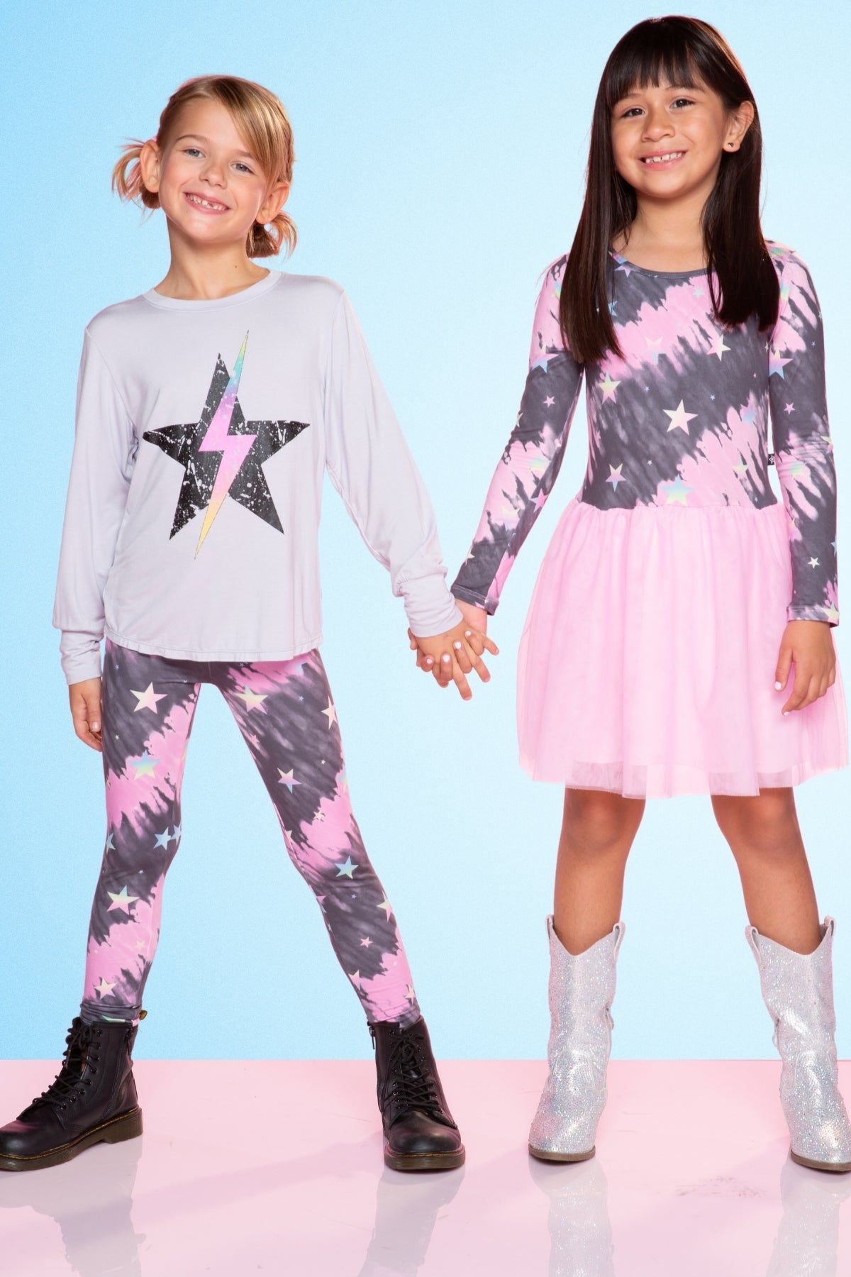 Simply Soft Long Sleeve Be Happy Tulle Dress - Pink Grey Tie Dye Stars