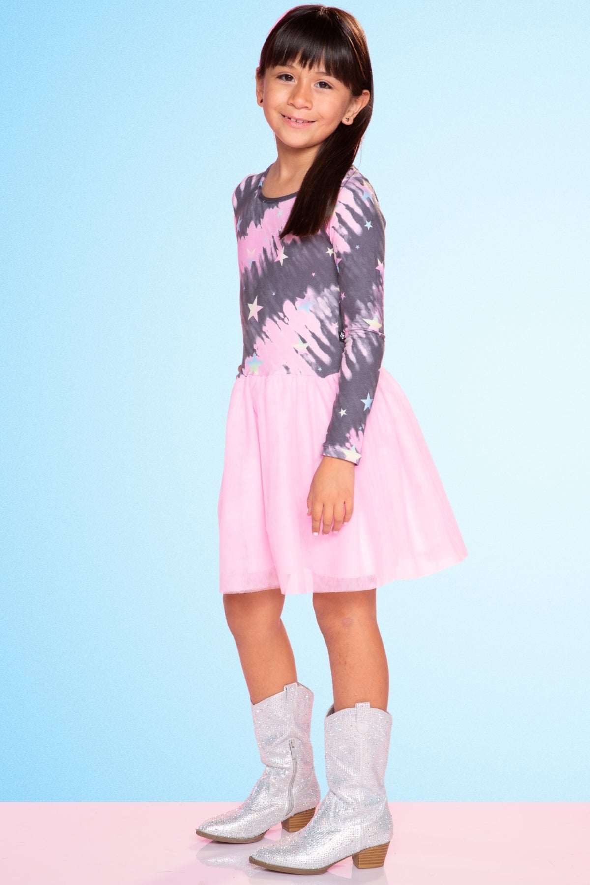 Simply Soft Long Sleeve Be Happy Tulle Dress - Pink Grey Tie Dye Stars