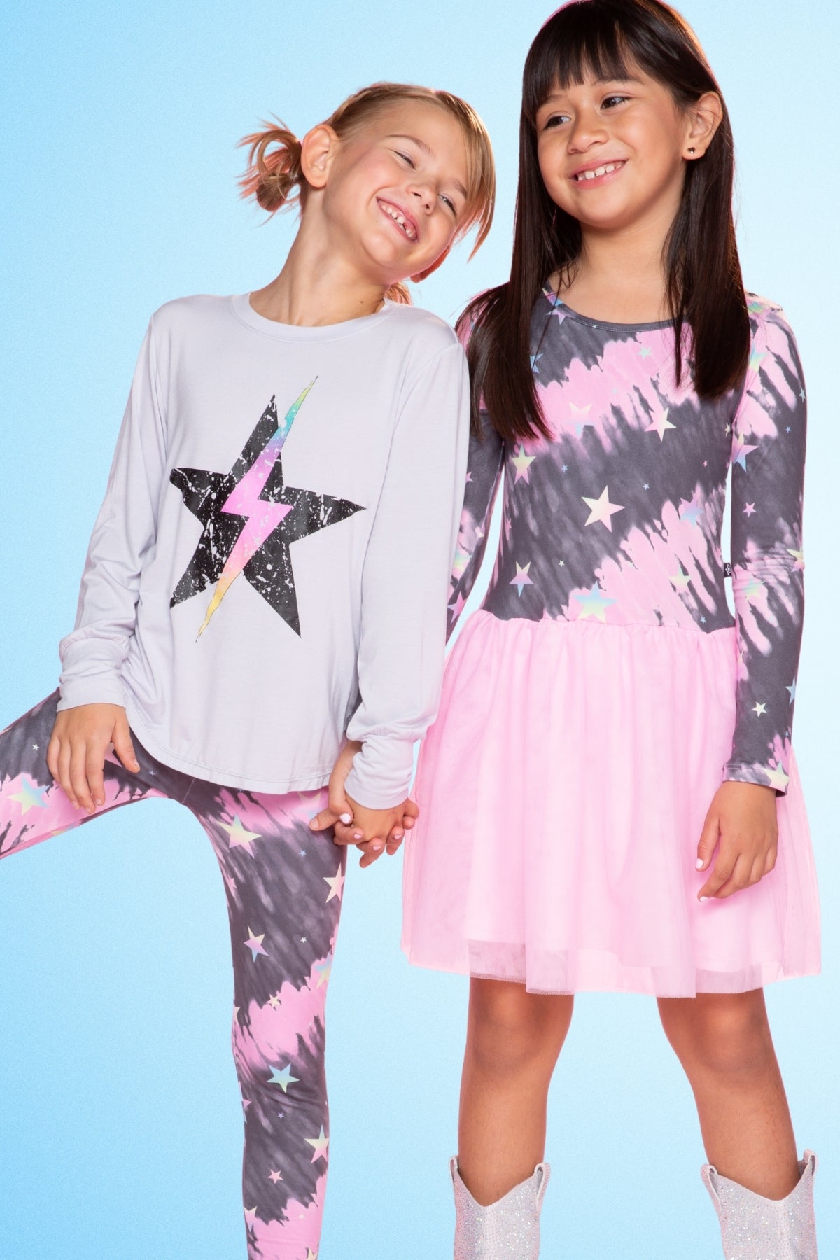 Simply Soft Long Sleeve Be Happy Tulle Dress - Pink Grey Tie Dye Stars