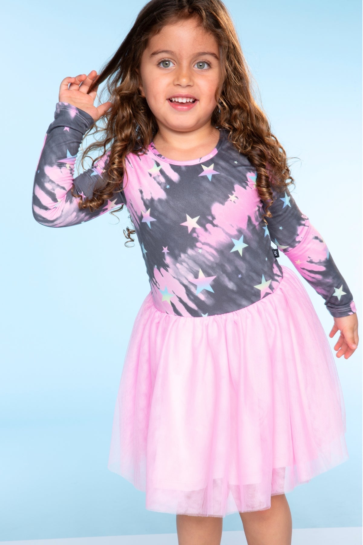 Simply Soft Long Sleeve Be Happy Tulle Dress - Pink Grey Tie Dye Stars