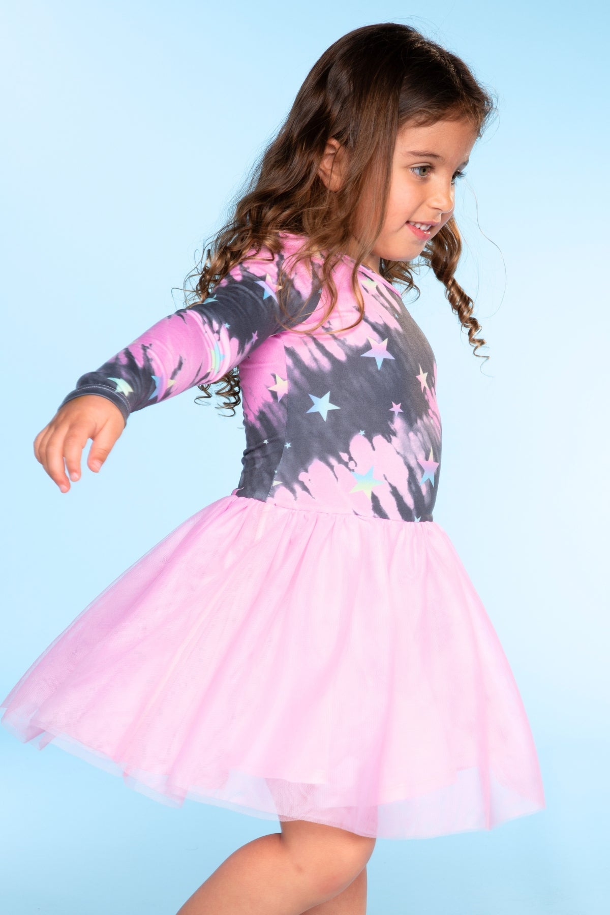 Simply Soft Long Sleeve Be Happy Tulle Dress - Pink Grey Tie Dye Stars