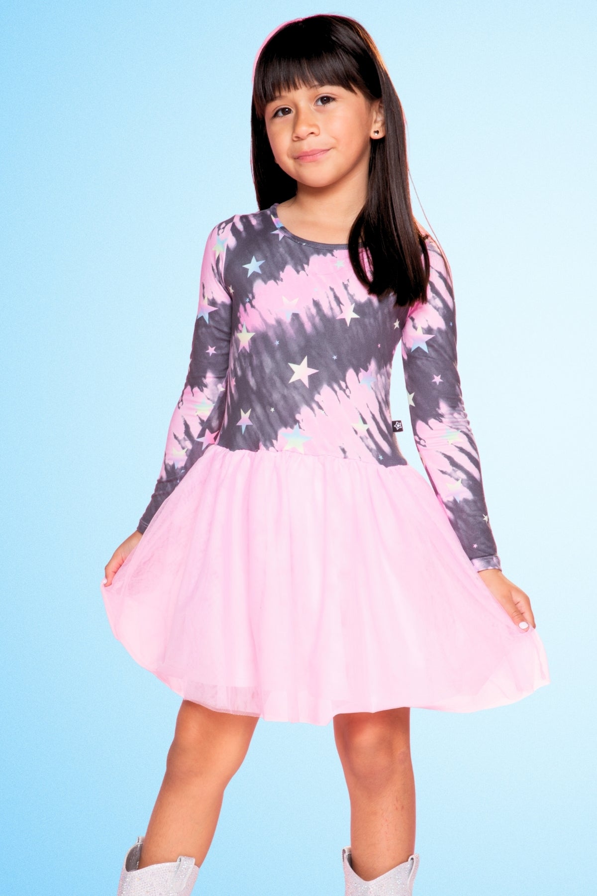 Simply Soft Long Sleeve Be Happy Tulle Dress - Pink Grey Tie Dye Stars