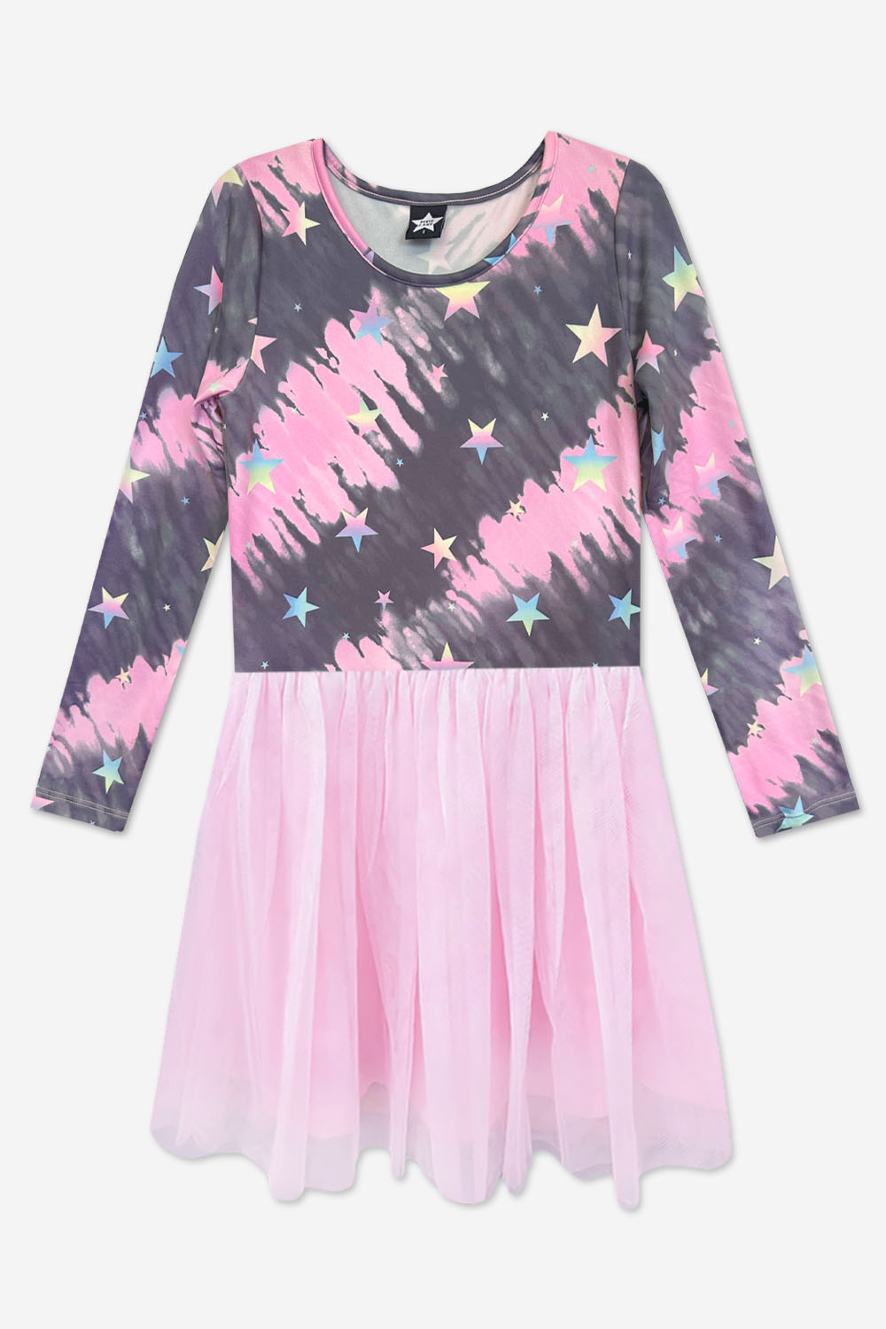Simply Soft Long Sleeve Be Happy Tulle Dress - Pink Grey Tie Dye Stars