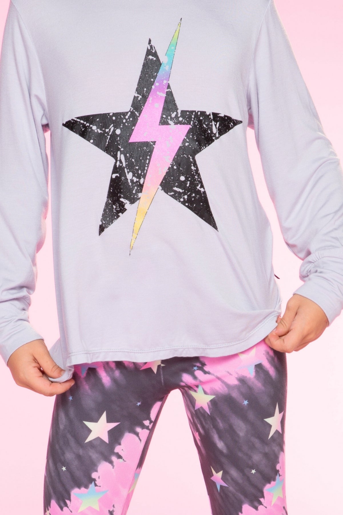 Modal Long Sleeve Shirttail Top - Black Rainbow Peace Love