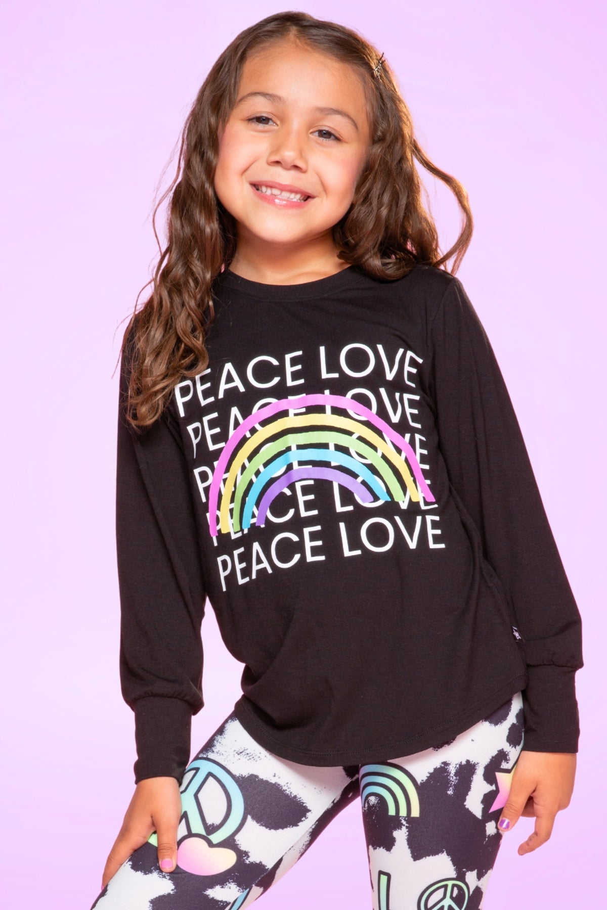 Modal Long Sleeve Shirttail Top - Black Rainbow Peace Love