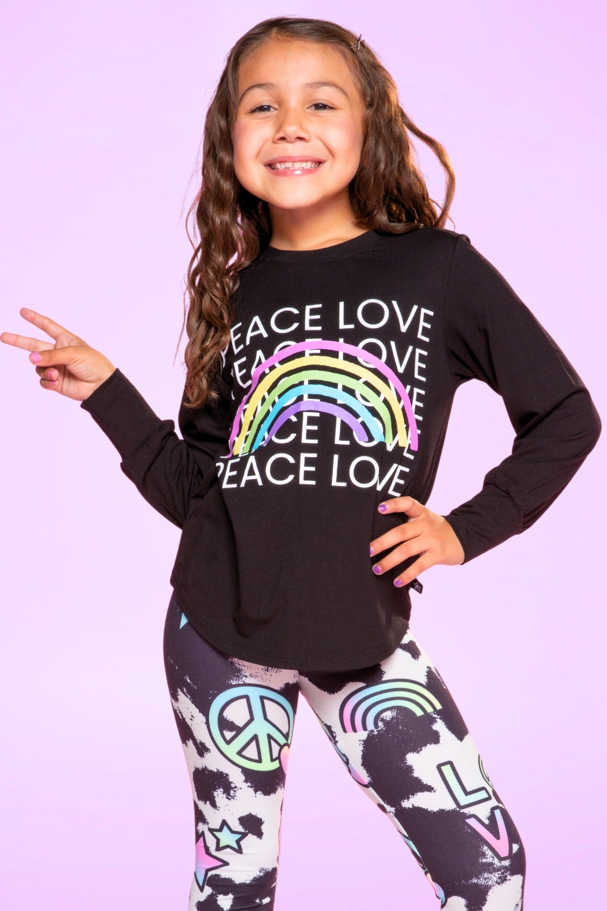 Modal Long Sleeve Shirttail Top - Black Rainbow Peace Love