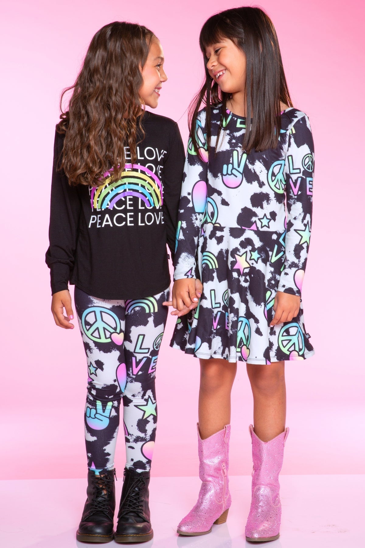 Modal Long Sleeve Shirttail Top - Black Rainbow Peace Love