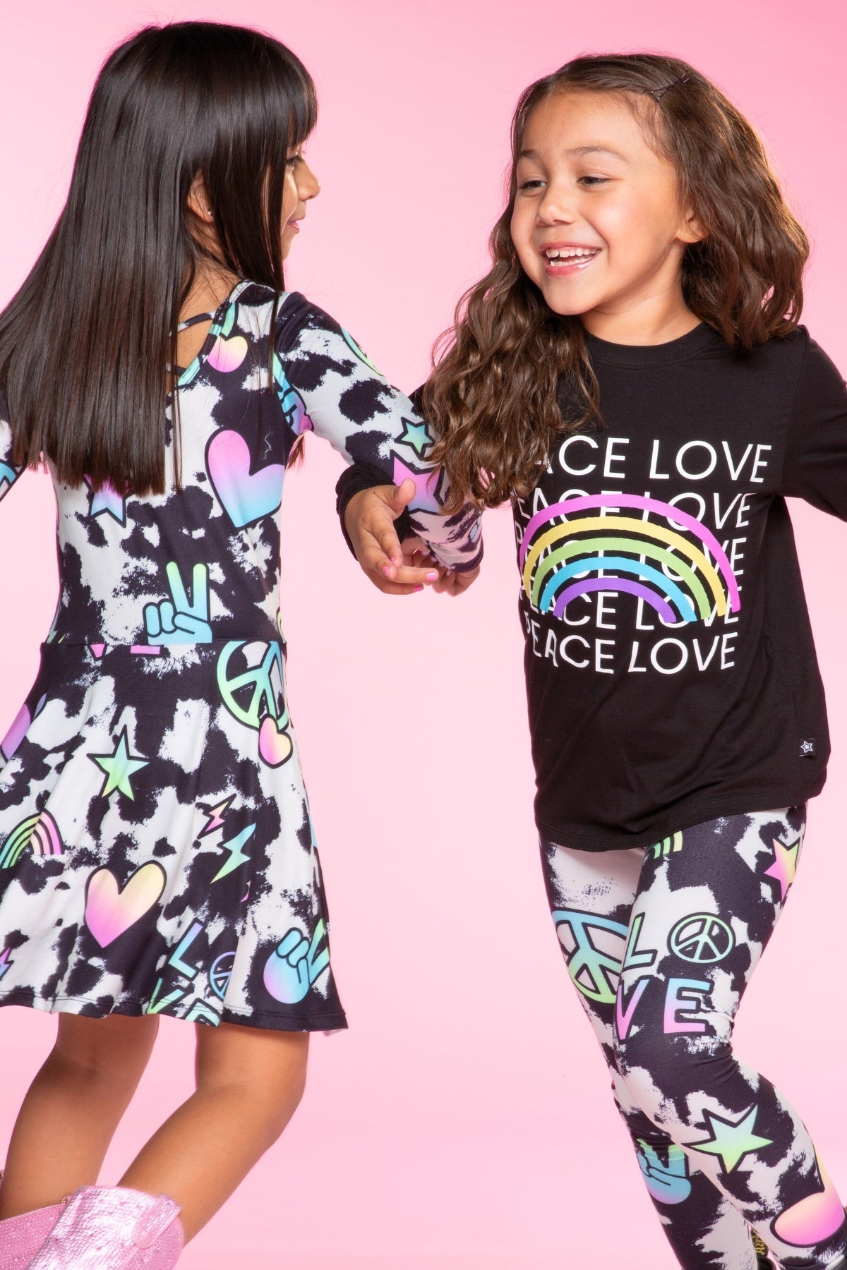 Modal Long Sleeve Shirttail Top - Black Rainbow Peace Love
