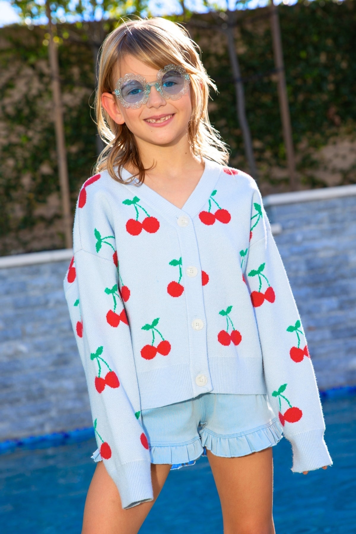 Yummy Soft Cardigan Sweater - Lt Blue Red Cherry
