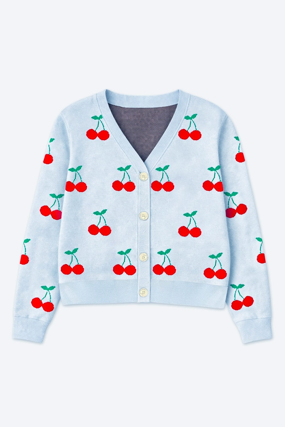Yummy Soft Cardigan Sweater - Lt Blue Red Cherry