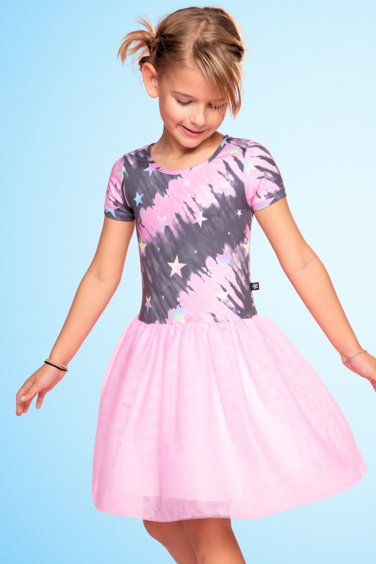 Simply Soft Short Sleeve Be Happy Tulle Dress - Pink Grey Tie Dye Stars