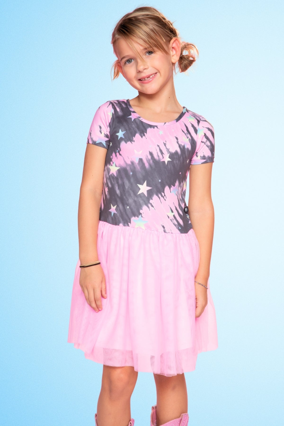 Simply Soft Short Sleeve Be Happy Tulle Dress - Pink Grey Tie Dye Stars