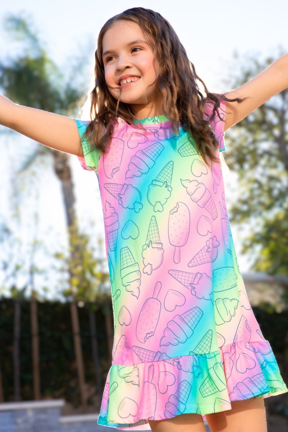 Simply Soft Short Sleeve Ruffle Lounge Dress - Lilac Rainbow Gummy Bear