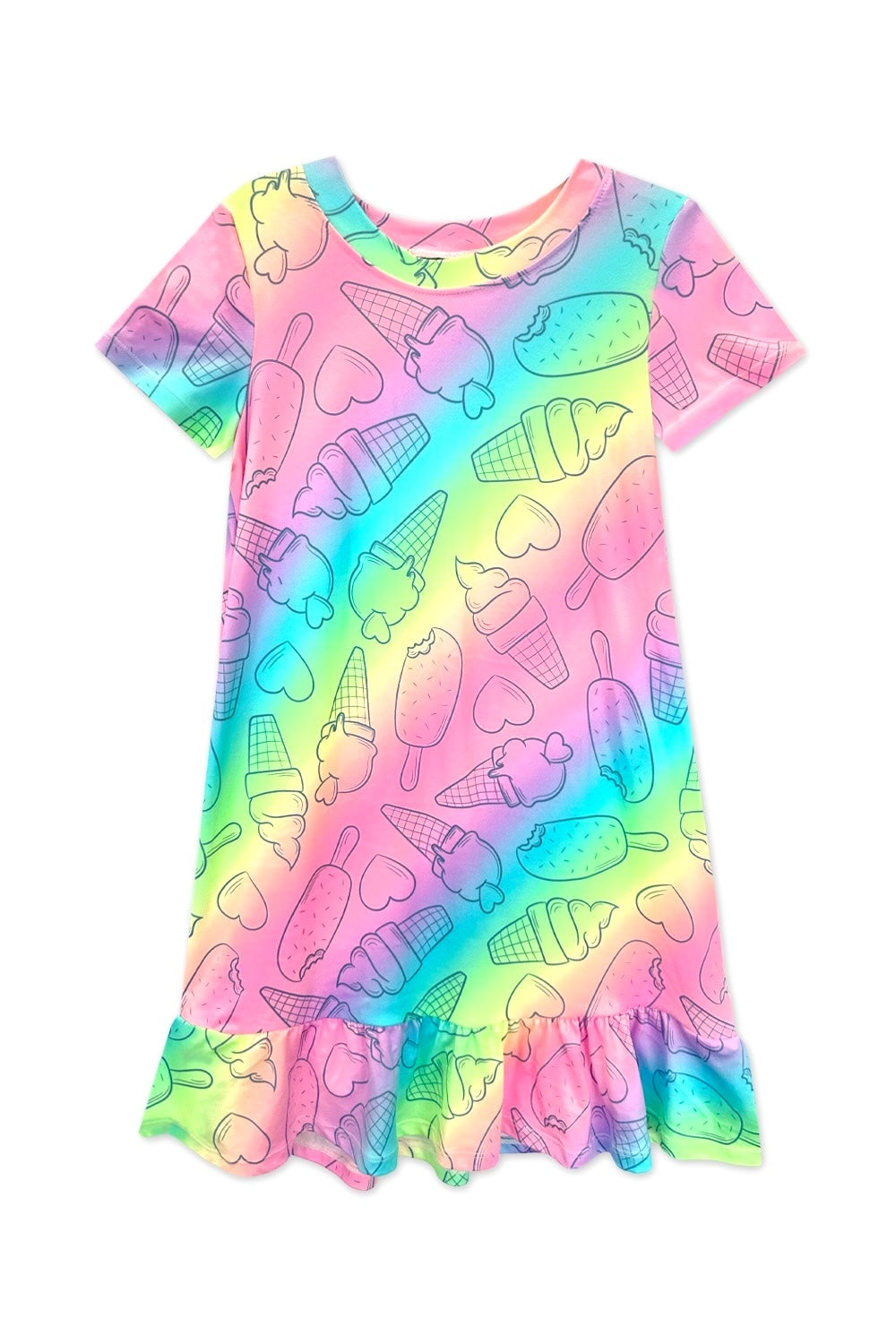 Simply Soft Short Sleeve Ruffle Lounge Dress - Lilac Rainbow Gummy Bear