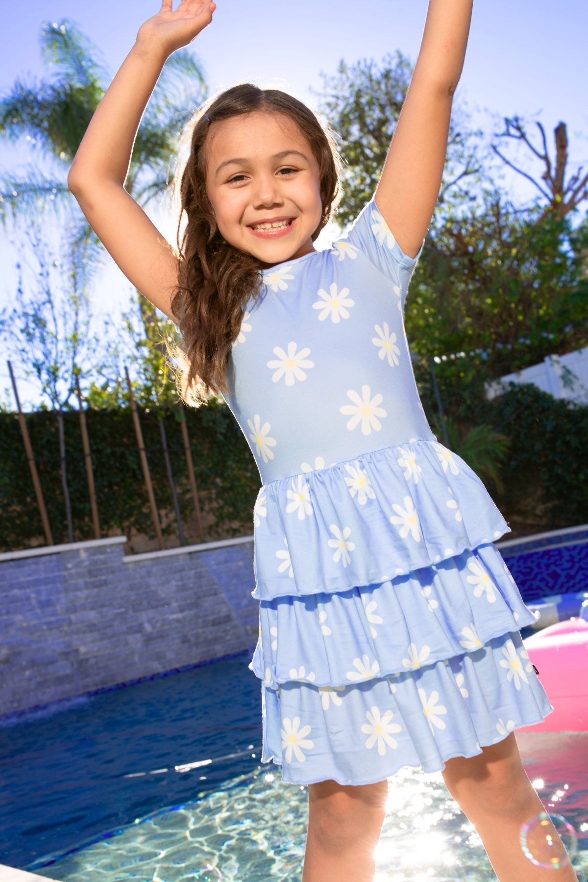 Simply Soft Short Sleeve Triple Ruffle Dress - Lt Blue Neon Pink