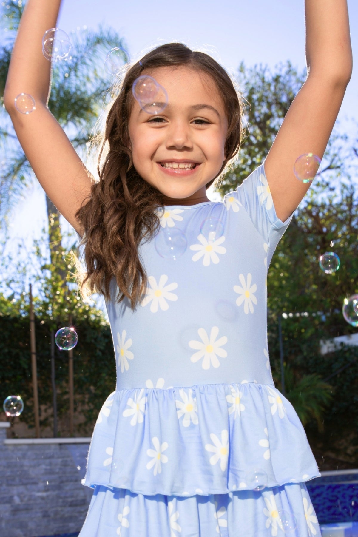 Simply Soft Short Sleeve Triple Ruffle Dress - Lt Blue Neon Pink