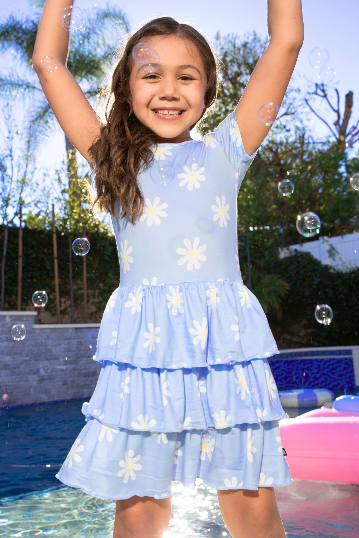 Simply Soft Short Sleeve Triple Ruffle Dress - Lt Blue Neon Pink