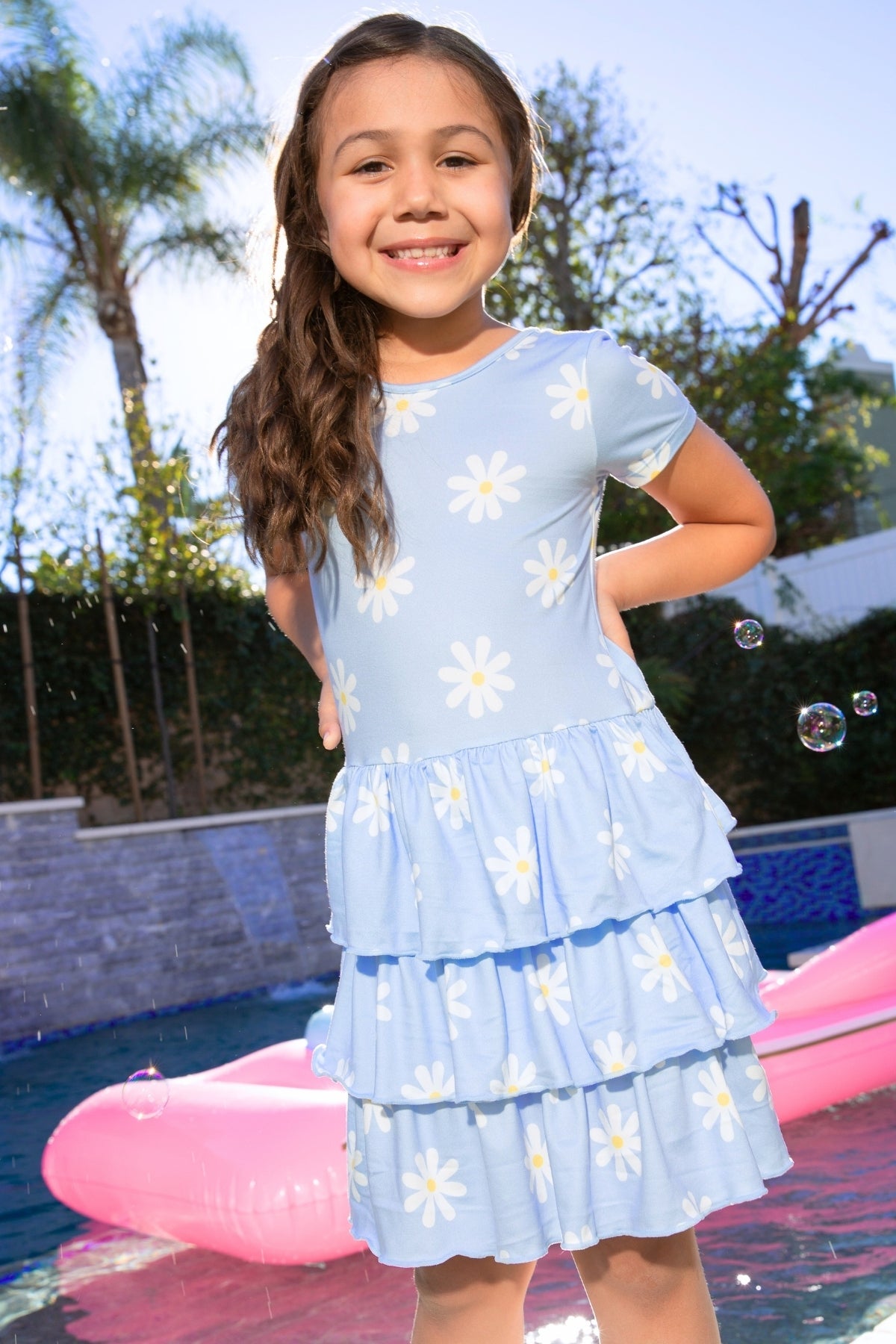 Simply Soft Short Sleeve Triple Ruffle Dress - Lt Blue Neon Pink